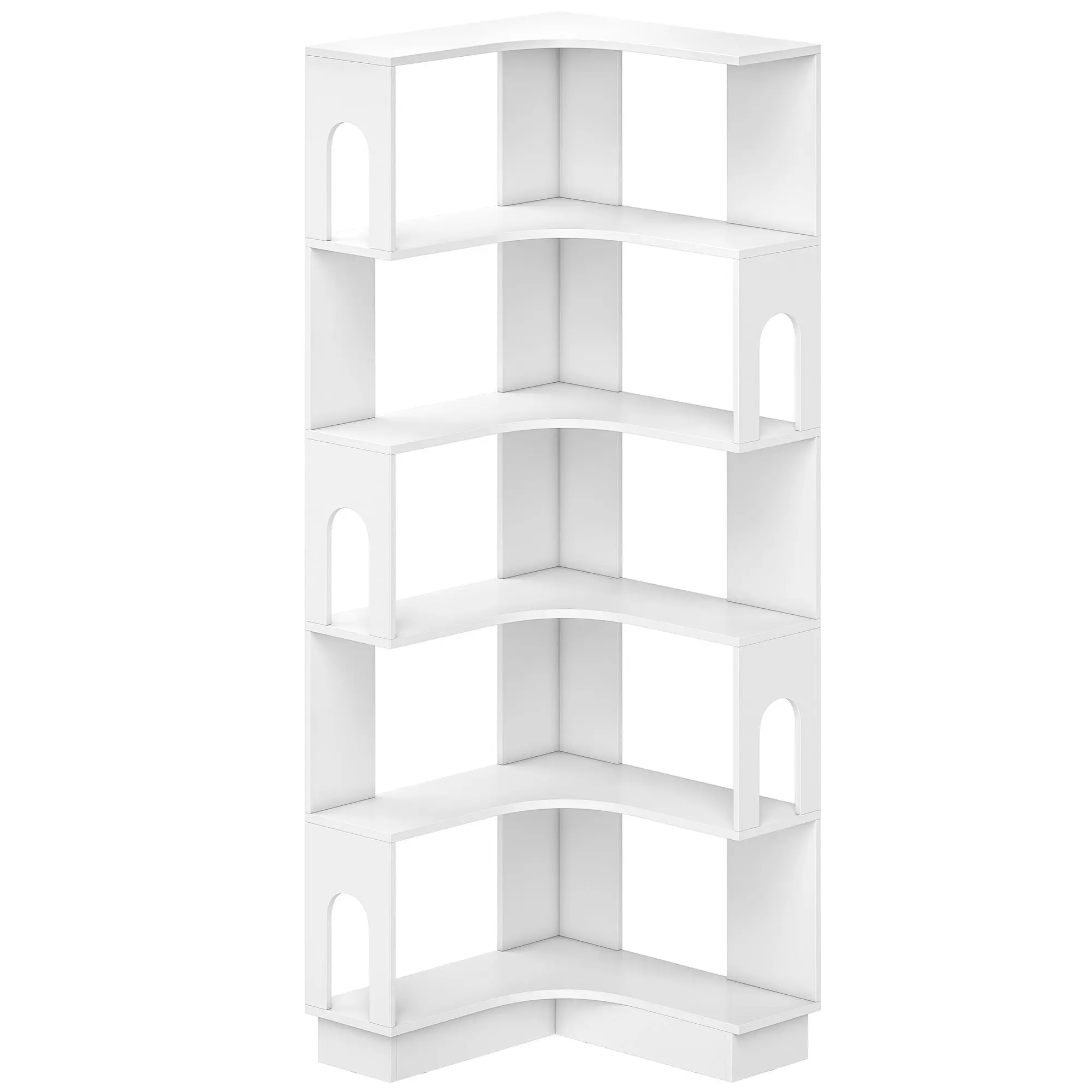 6-Tier Corner Bookshelf with Arched Side Panels, Modern White Storage Shelf for Office, Living Room, Bedroom — 60 x 60 x 165.5 cm (23.6 x 23.6 x 65.2 in)