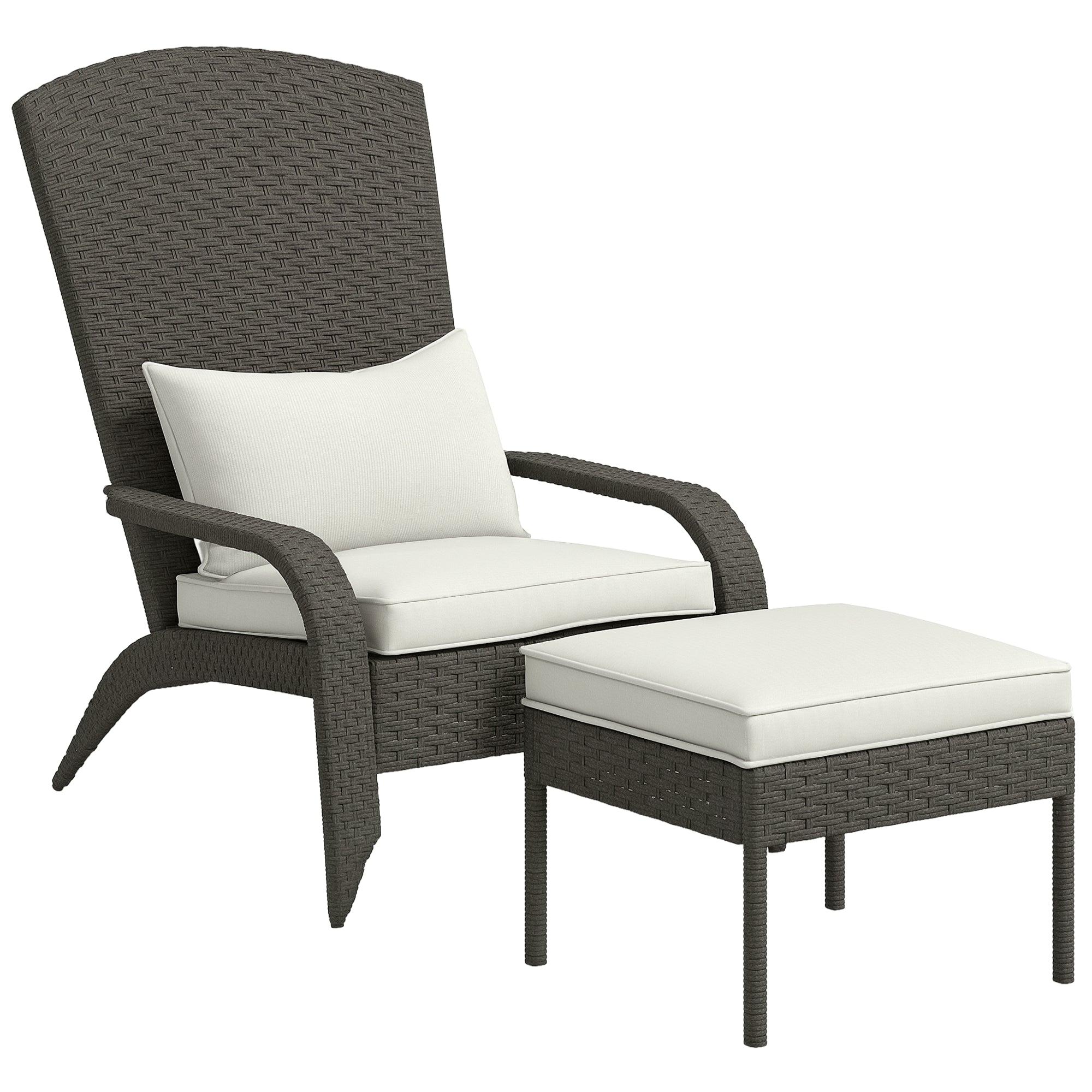 Outsunny Kerti Szék lábtartóval, Karfával és Párnákkal, Rattan és Acél Adirondack Szék, 64x82x89 cm, Szürke és Krémfehér