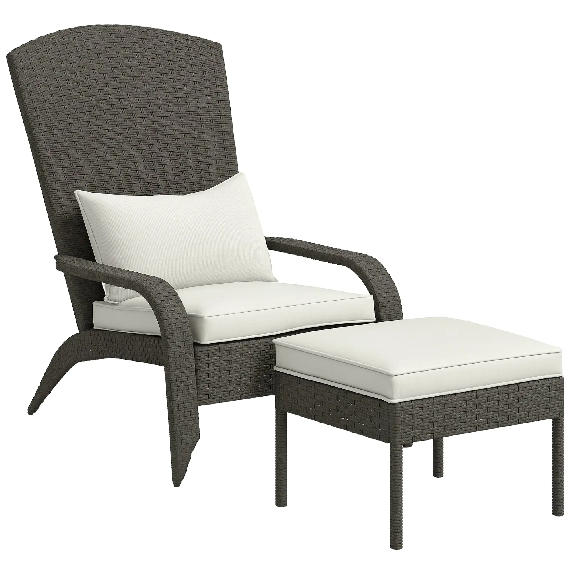 Garden Chair with Footrest, Armrests, and Padded Cushions, Adirondack Chair in Rattan and Steel, 64x82x89 cm, Gray and Cream White