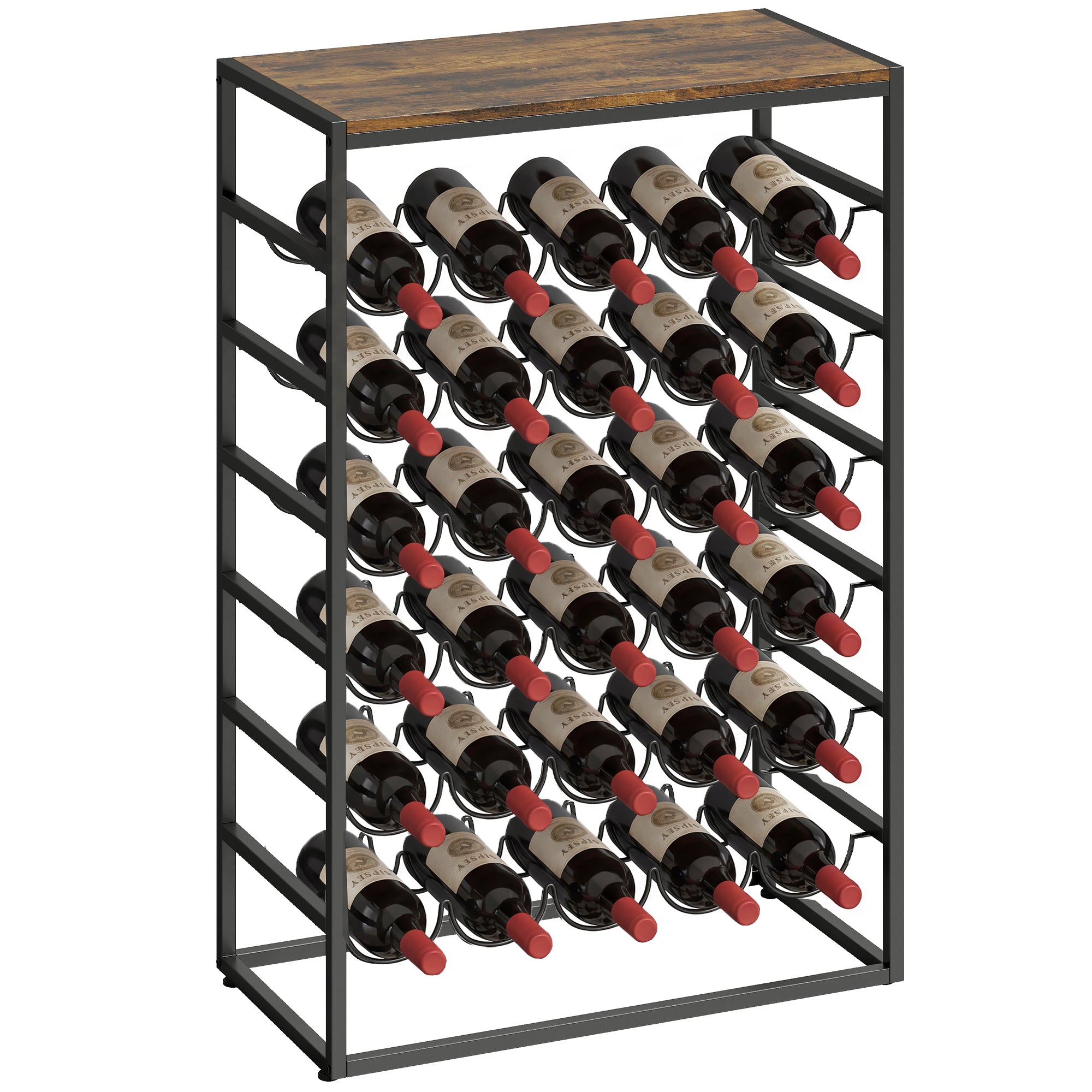 HOMCOM Weinregal für 30 Flaschen, 6-stufig, Holzoptik-Oberseite, Industrial-Metallregal für Keller, Bar, Hobbyraum — 59 x 30 x 88,5 cm, Rustikales Braun