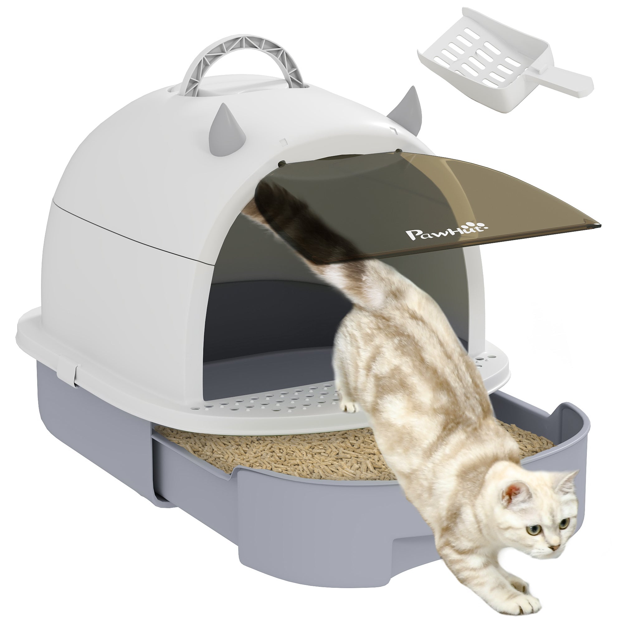 PawHut Anzefeld Katzenstreu Këscht Geschlossene Katzenstreu Pan mat Entfernbarem Deckel, Entfernbarem Schieder, Kuelstofffilter, Schaufel an Top Handgräpp 40.5x52x39 cm Weiss an Grau