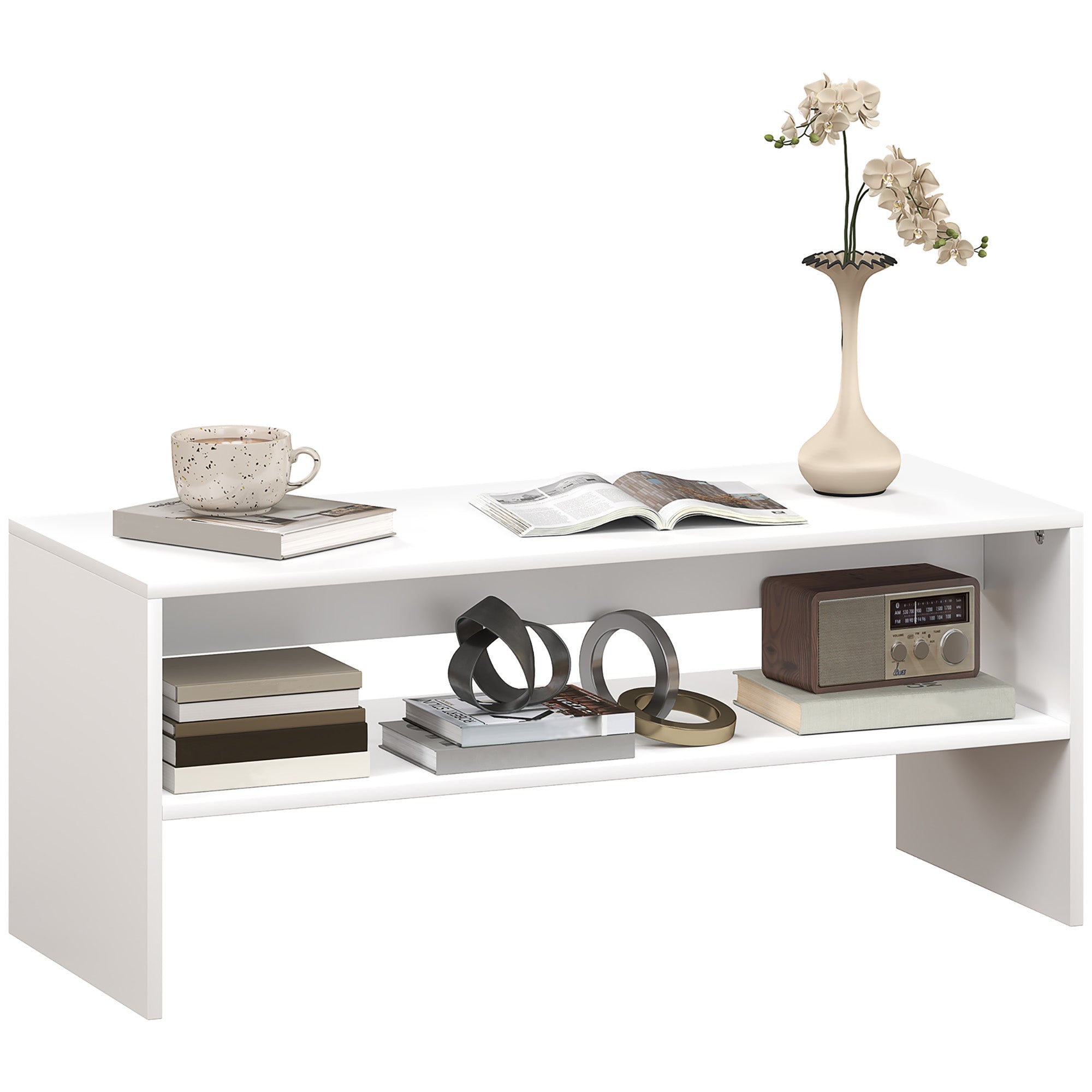 HOMCOM Moderne 2-etagers Kaffebord med Åben Hylde og Skridsikre Fødder, Lav MDF Bord, 100x40x41.5 cm, Hvid