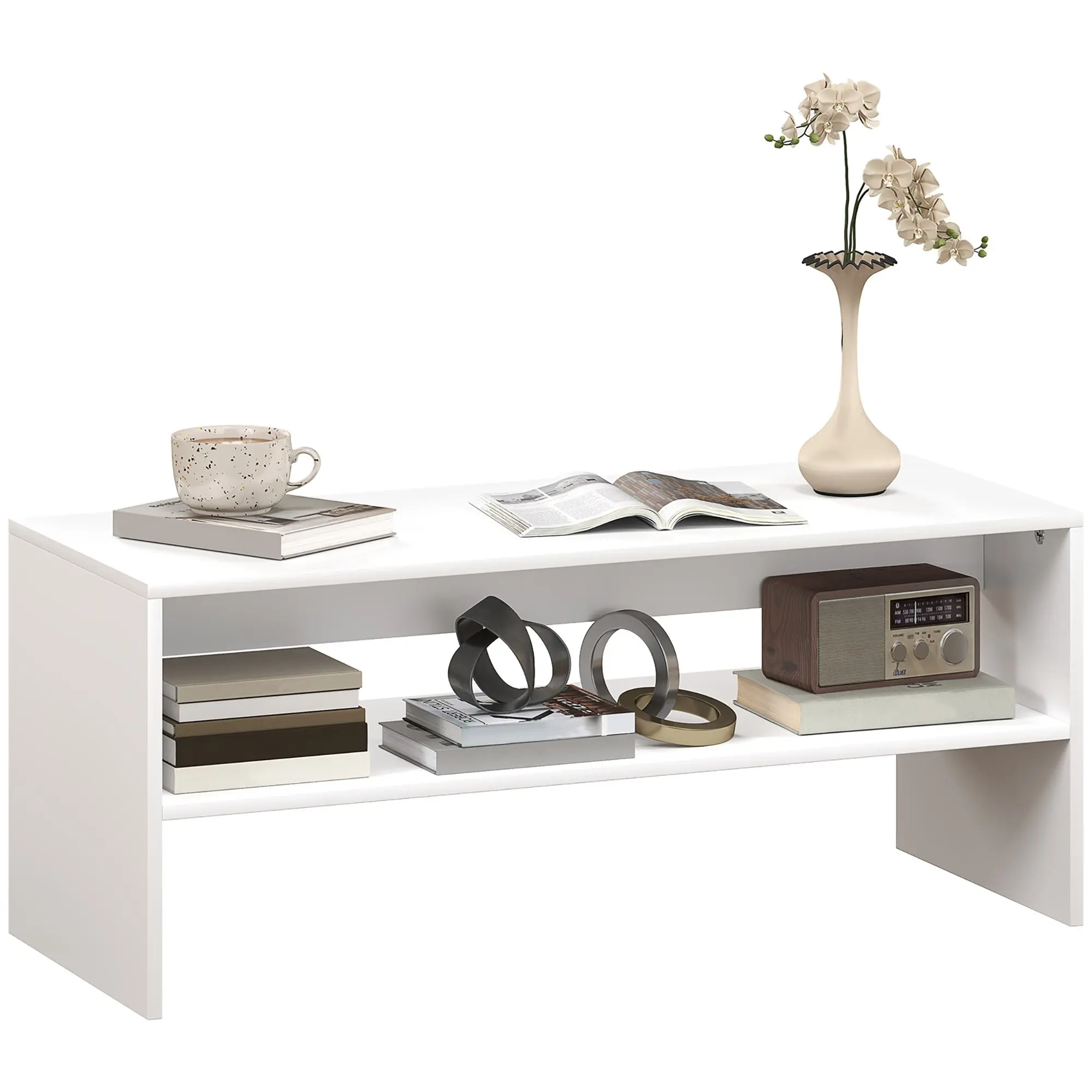 Modern 2-Tier Coffee Table with Open Shelf and Non-Slip Feet, Low Chipboard Table, 100x40x41.5 cm, White