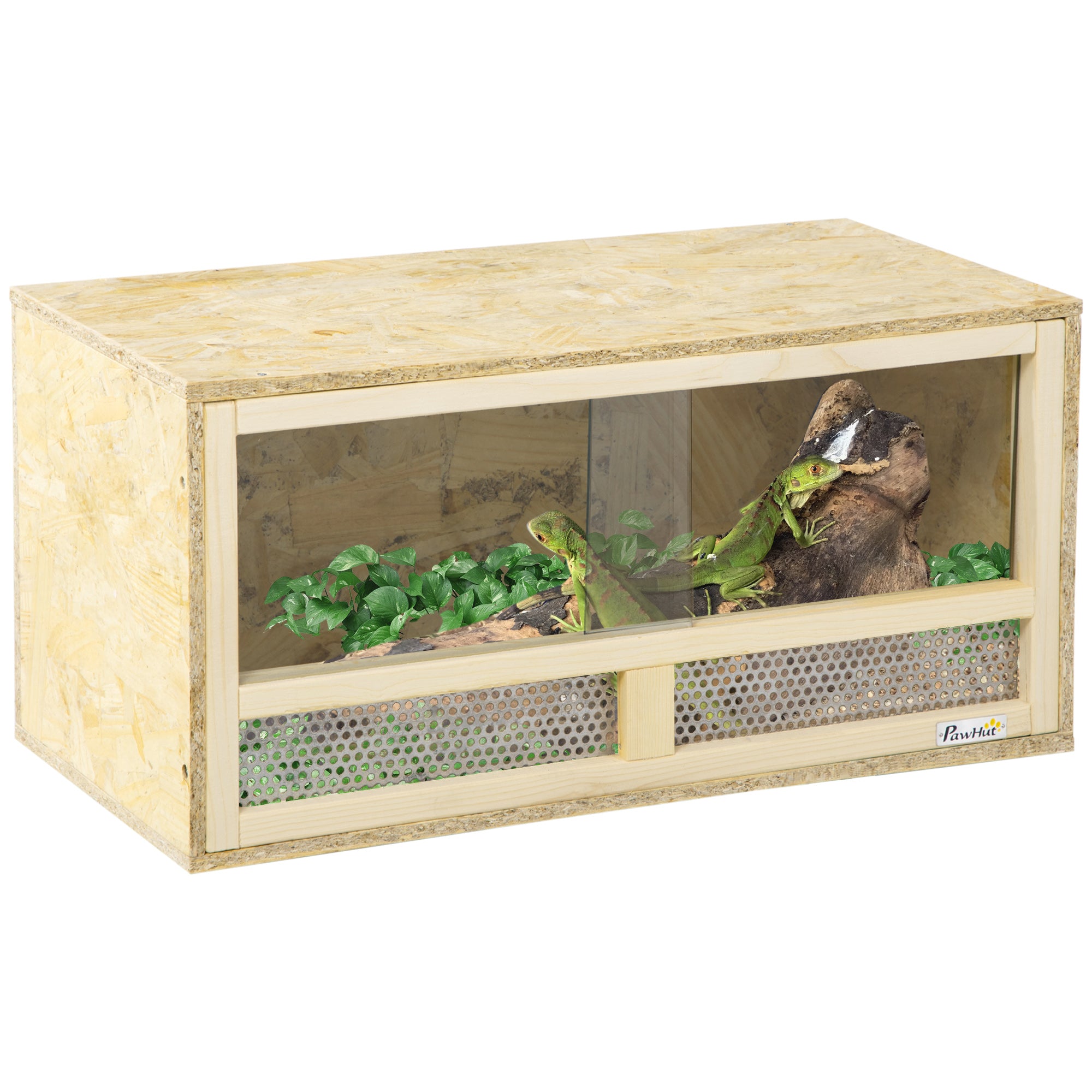PawHut Trä Reptil Terrarium, Reptilbehållare med Skjutbara Glasdörrar och Nätpaneler, Flera Användningar, 60x29,5x29,5 cm, för Ödlor, Kameleoner, Ormar