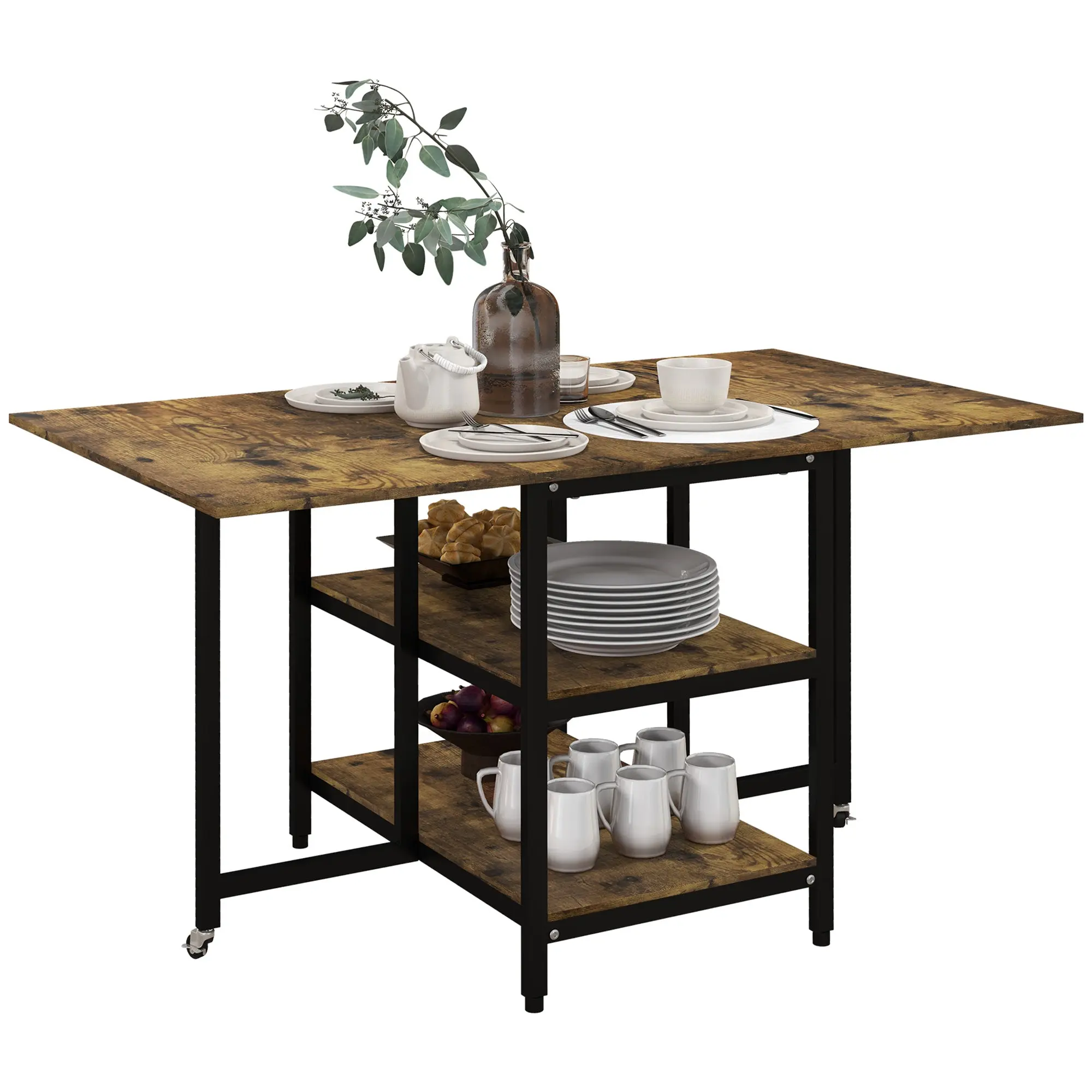 Extendable Folding Dining Table Rectangular Mobile Kitchen Table for 2-6 Persons with 2 Open Shelves Dining Table 140cm x 80cm x 75cm Rustic Brown