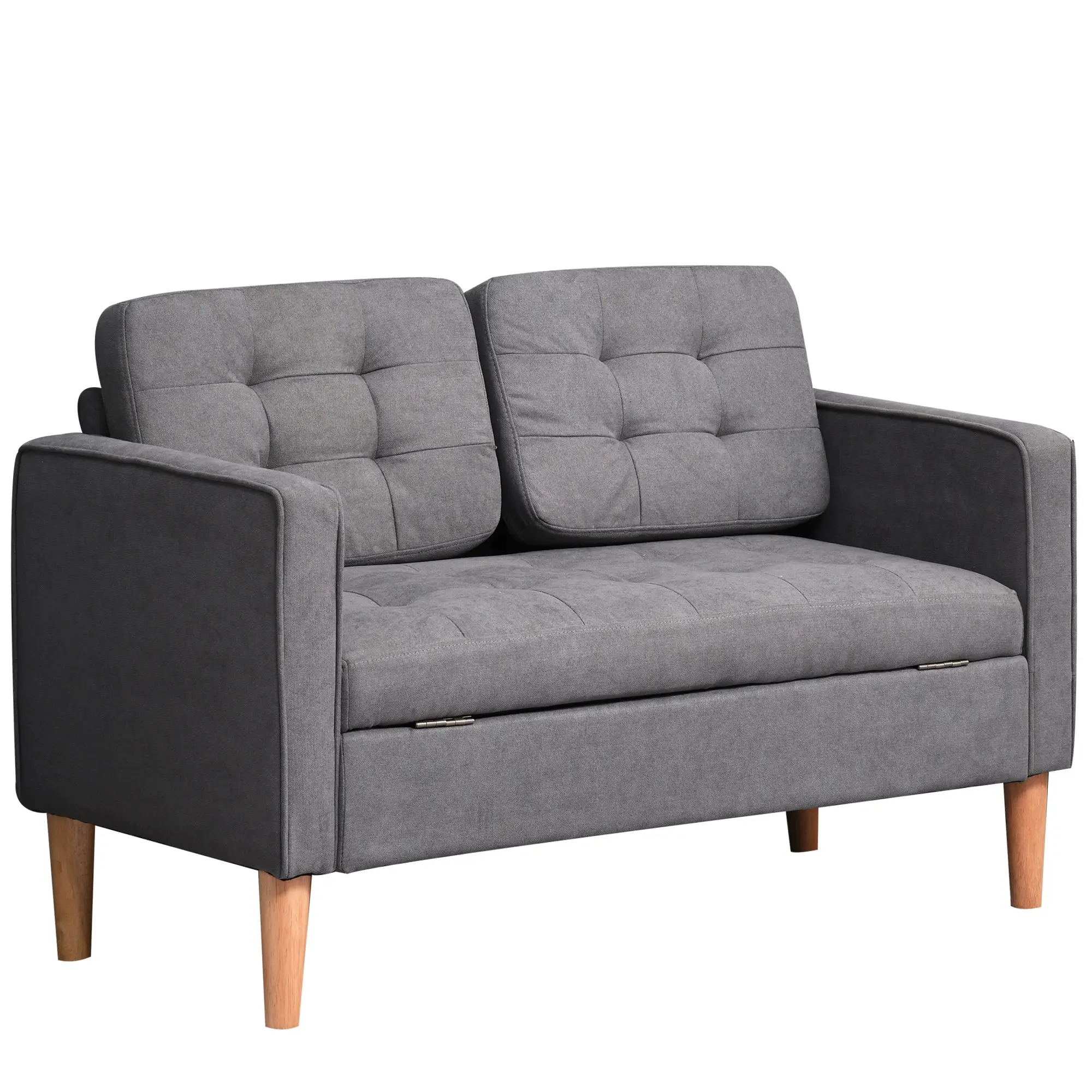 2 Seater Sofa with Storage, Small Fabric Couch with Wooden Legs, Padded Loveseat with Button Tufted Back, Compact Sofa for Living Room, Bedroom, Grey, 117 x 62 x 78 cm