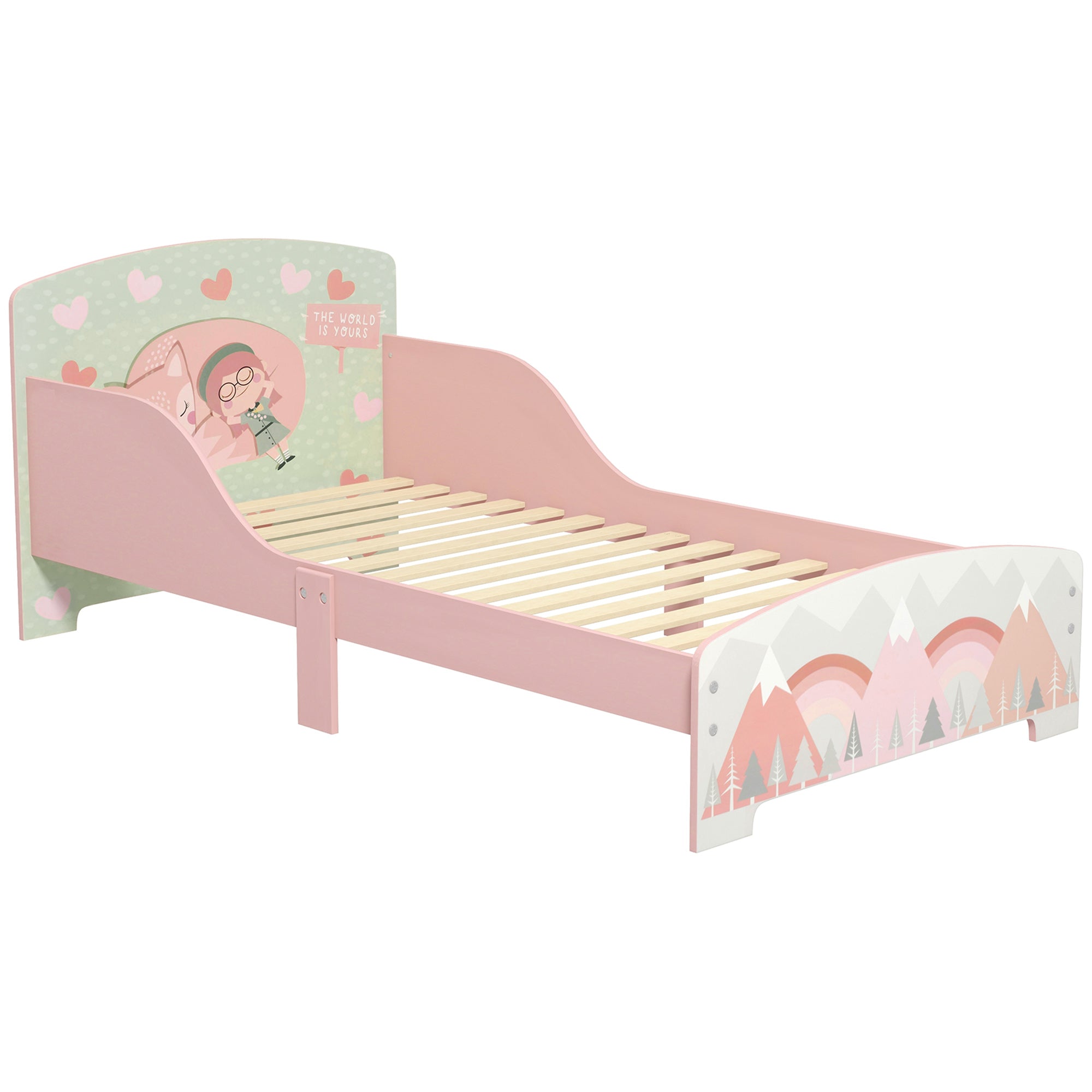 Κρεβάτι Παιδιών ZONEKIZ Ξύλινο 143x77x60 cm για Παιδιά 3-6 Ετών με Μπαριέρες Ασφαλείας και Σχέδια Μέγιστο Φορτίο 40 kg Σύγχρονα Ροζ Έπιπλα Υπνοδωματίου