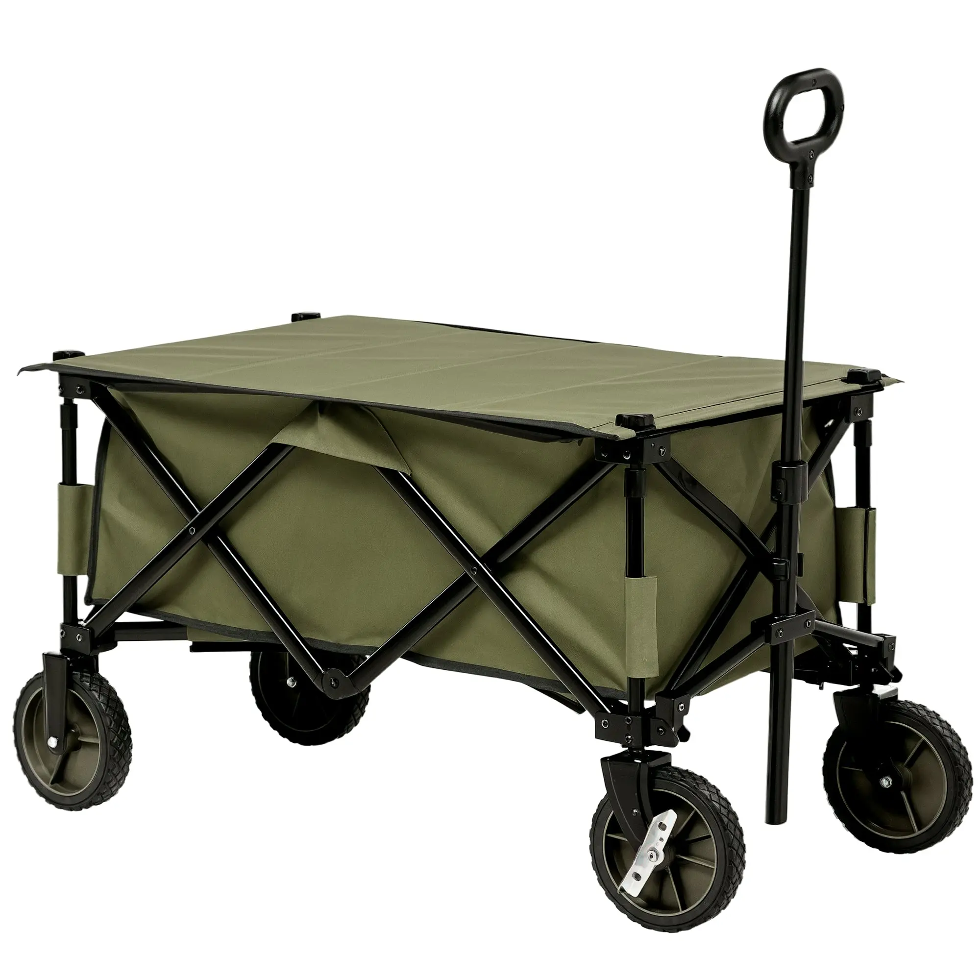Folding Wagon, Handcart with Wheels, Brakes, Carry Bag, 125L Transport Cart up to 120kg Capacity, XXL Utility Wagon, Garden Cart for Beach Camping Shopping, Green