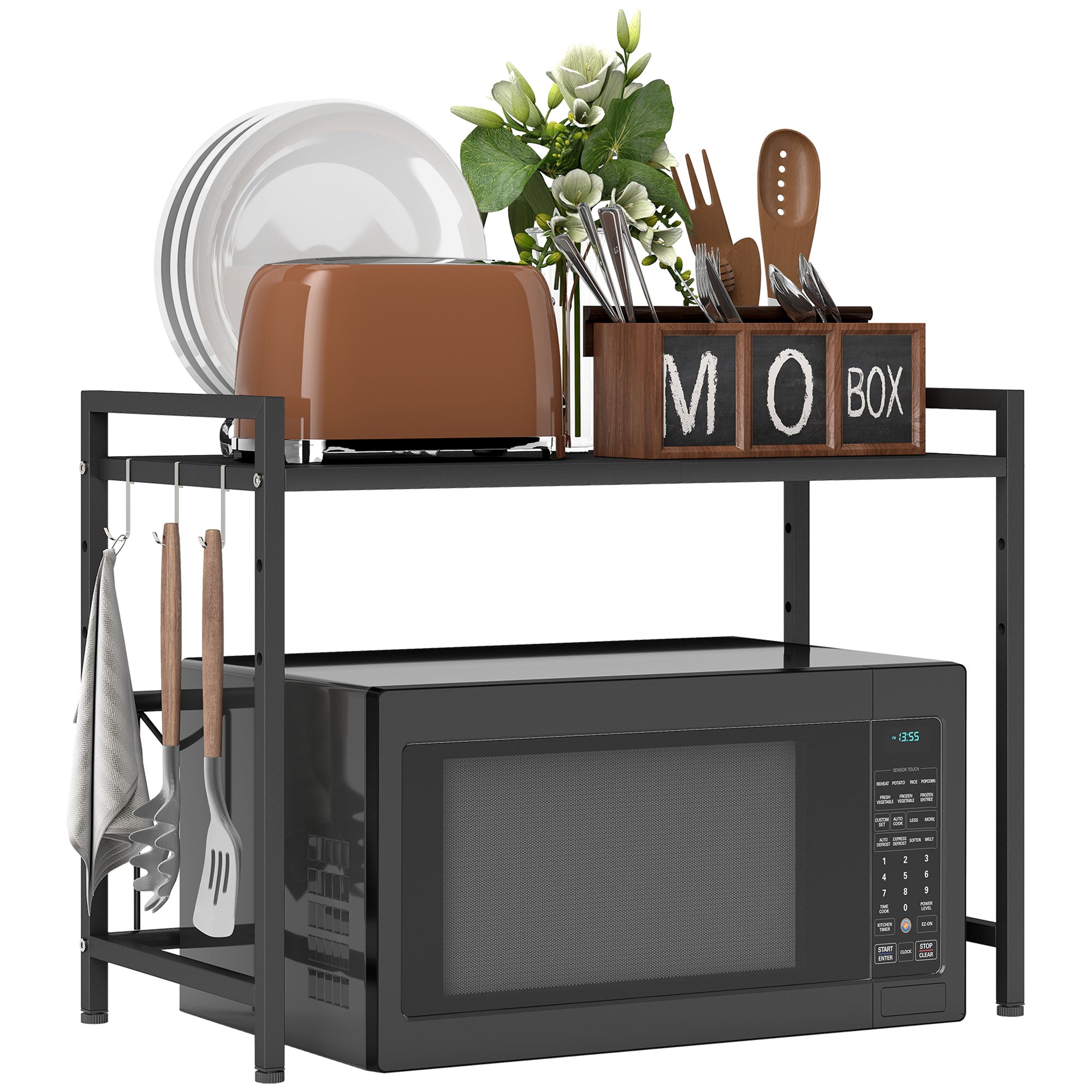 HOMCOM Erweiterbares Mikrowellenregal - Mikrowellenständer mit 3 Haken, Kücheregal aus Metall, Schwarz