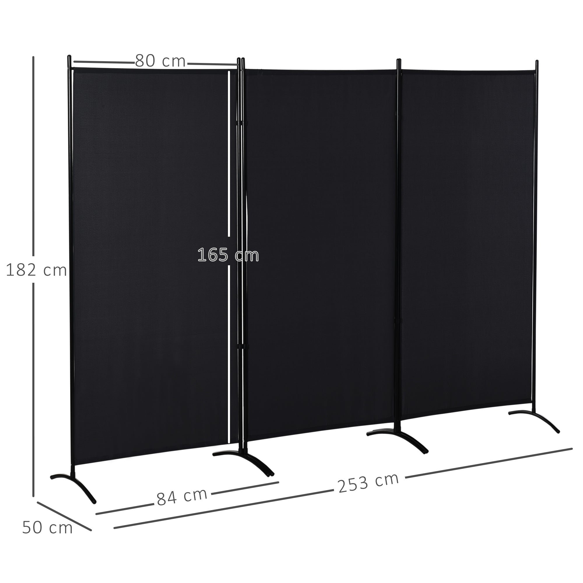 HOMCOM 3-panelás Paraván 2,53m x 0,5m x 1,82m Állványos Szélfogó Fém Poliéster Magas Sűrűségű Fekete