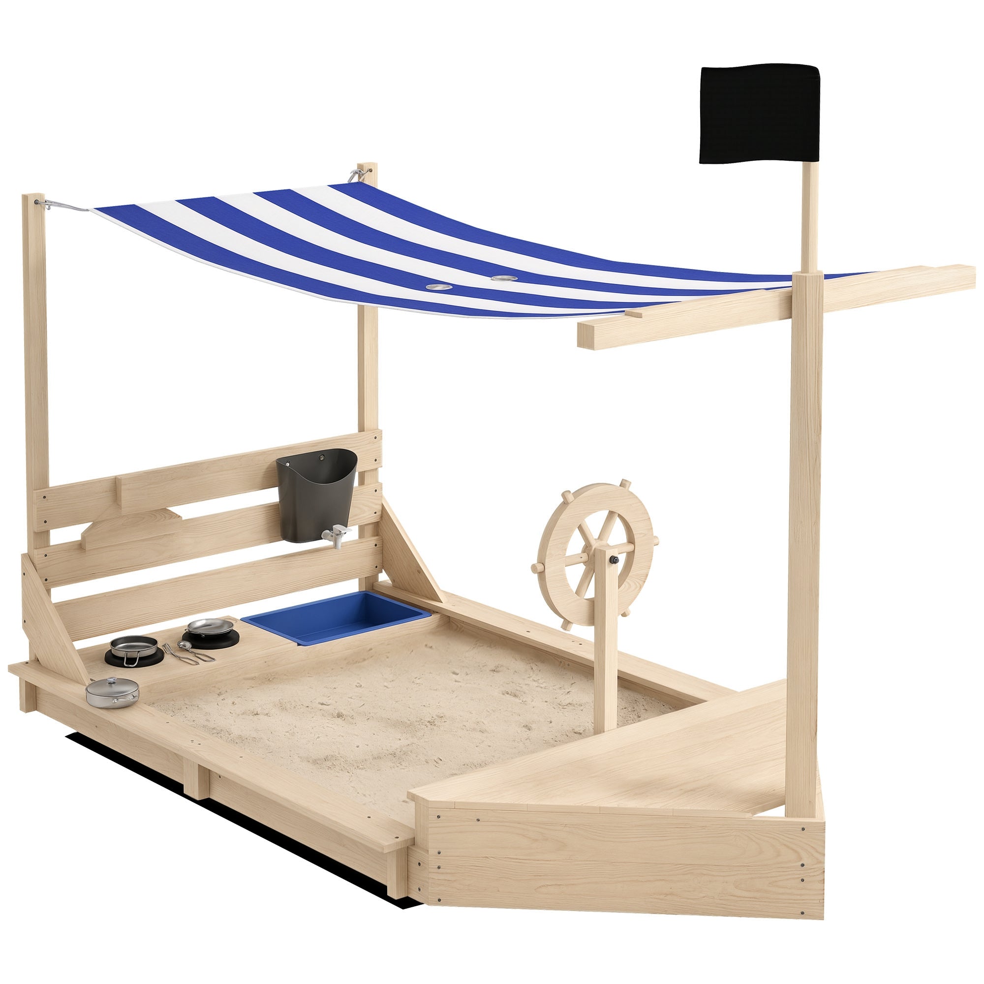 Velký pískoviště Outsunny s krytem v designu lodi – dřevěný hrací domek s kuchyňkou pro děti 3-7 let, rozměry 180 x 103 x 144,5 cm