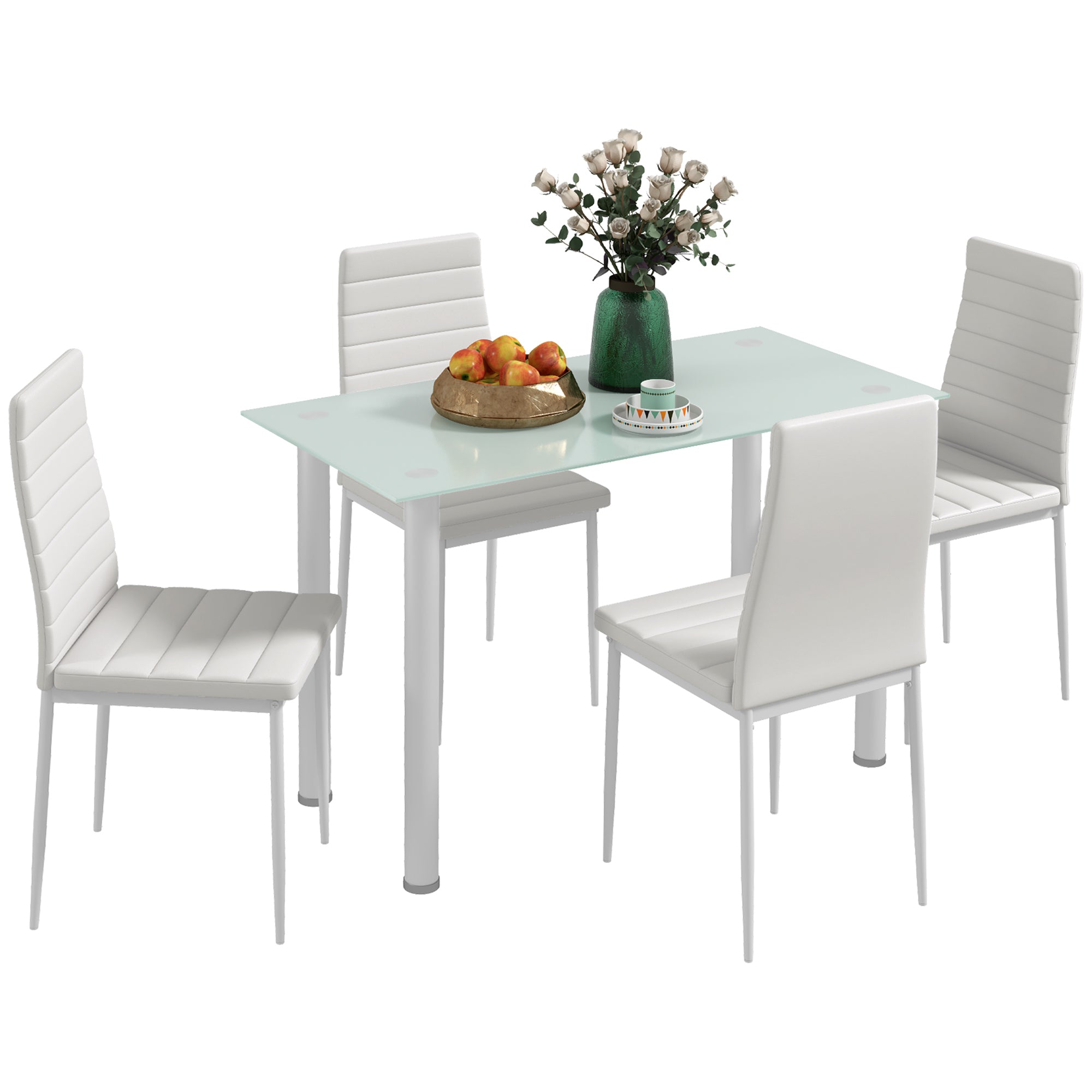 HOMCOM 5-osaline Söögilaudade Komplekt, Söögilaud 4 Tooliga, Köögilaud Karastatud Klaasiga, Söögigrupp, Söögimööbel, Söögilaudade Komplekt Kööki, Söögituppa, Teras, Valge