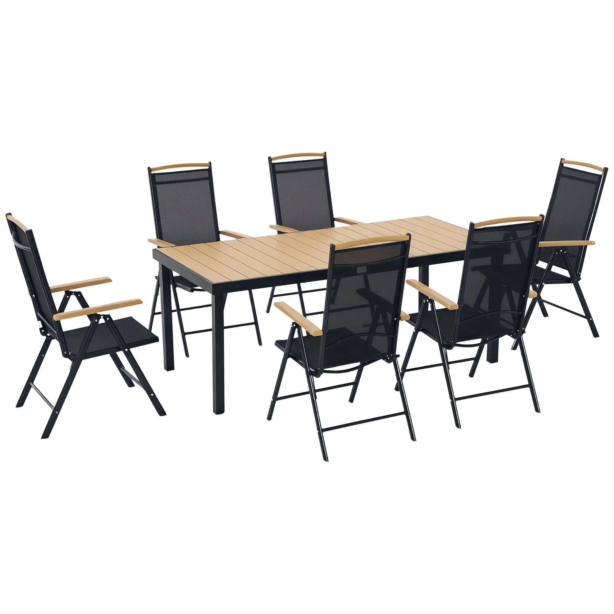 Table with 6 Foldable and Adjustable Garden Chairs in Texteline, 7-Piece Garden Furniture Set with Rectangular Table, Black