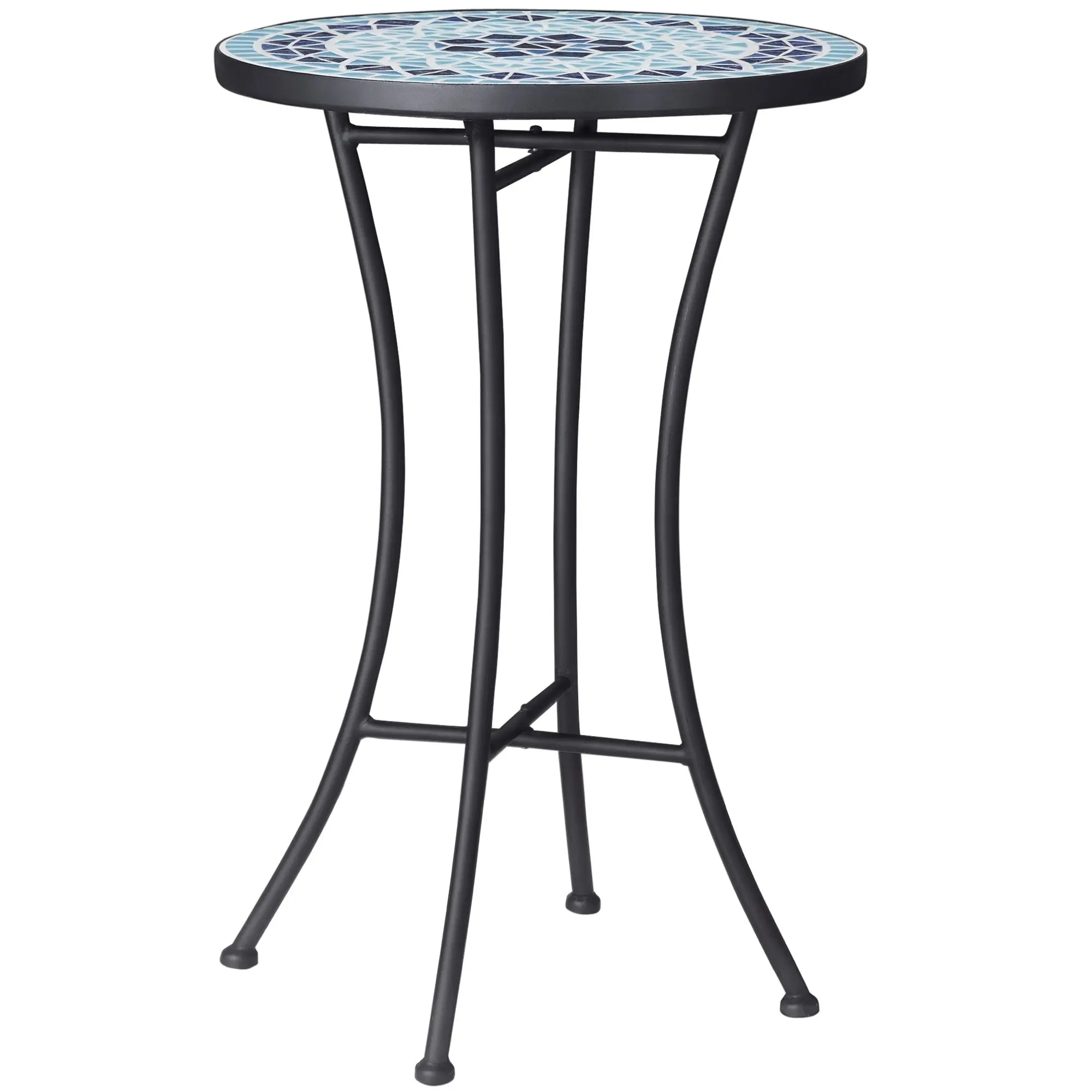 Round Garden Coffee Table with Ceramic Mosaic Top, Ф35.5x53.5cm, Blue