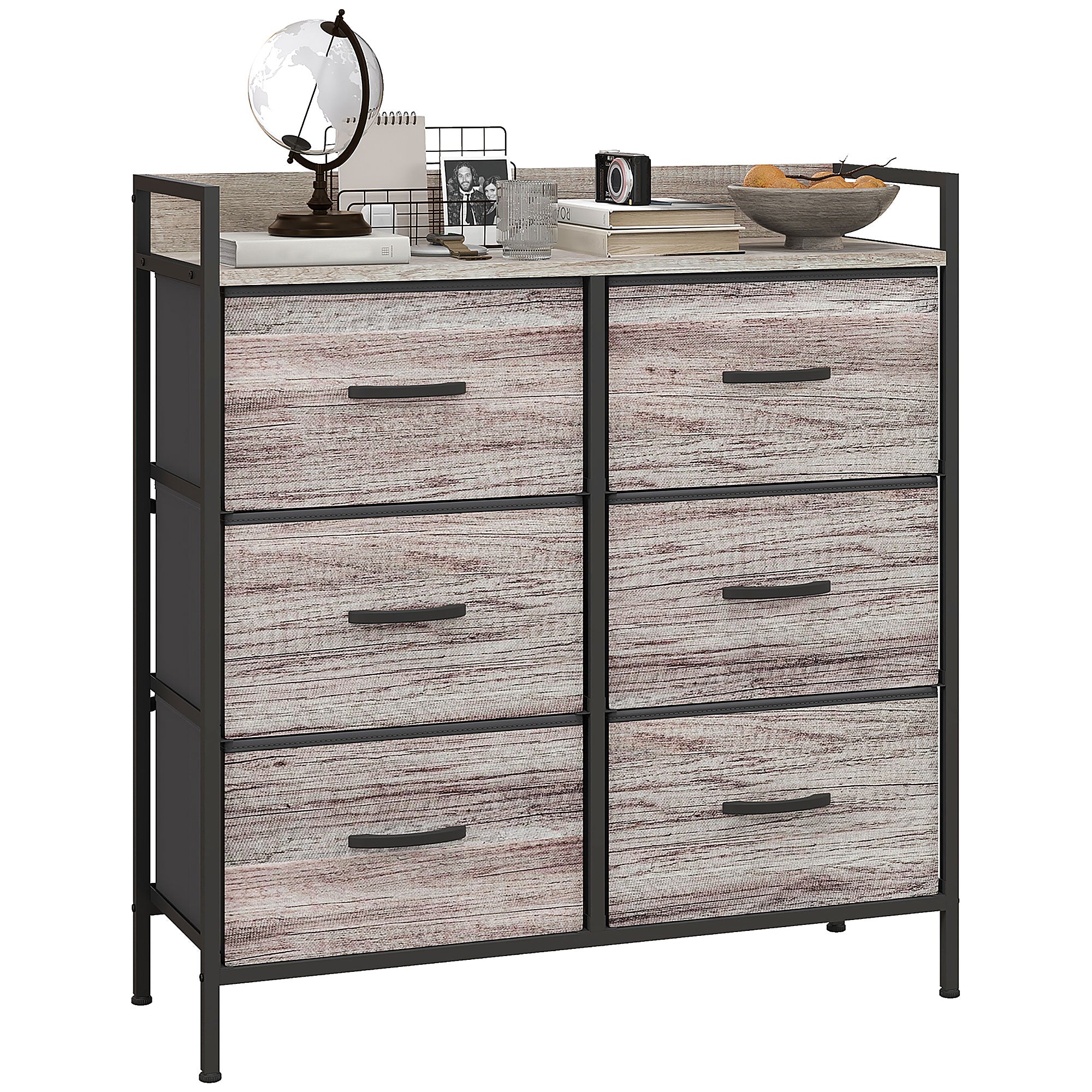 HOMCOM Commode avec 6 Tiroirs en Tissu, Armoire de Rangement avec Finition Bois, Poignées, Cadre en Acier, Design Industriel pour Salon - Gris