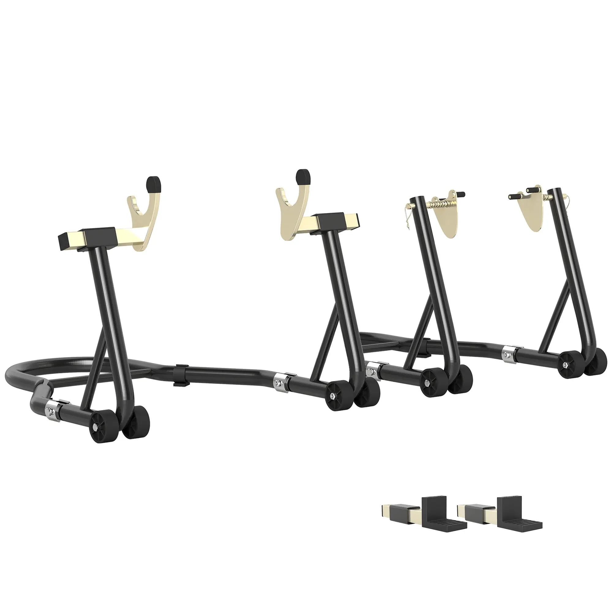 Set of 2 Adjustable Triangle Motorcycle Stands with 390 kg Capacity, Rear and Front Bike Stands in Steel with U and L Forks, Wheels, for Garage and Workshop, Black