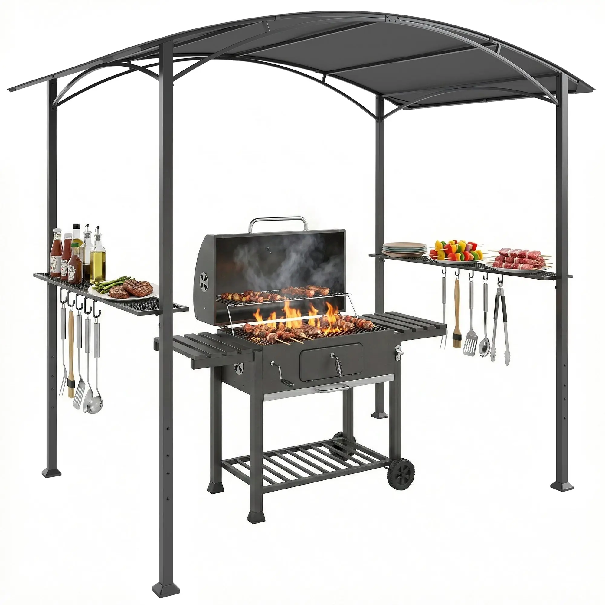 BBQ Grill Gazebo with Shelves & Hooks, Outdoor Barbecue Shelter Canopy, Steel Frame BBQ Tent for Patio Garden Yard 245 x 152 x 218 cm Dark Grey