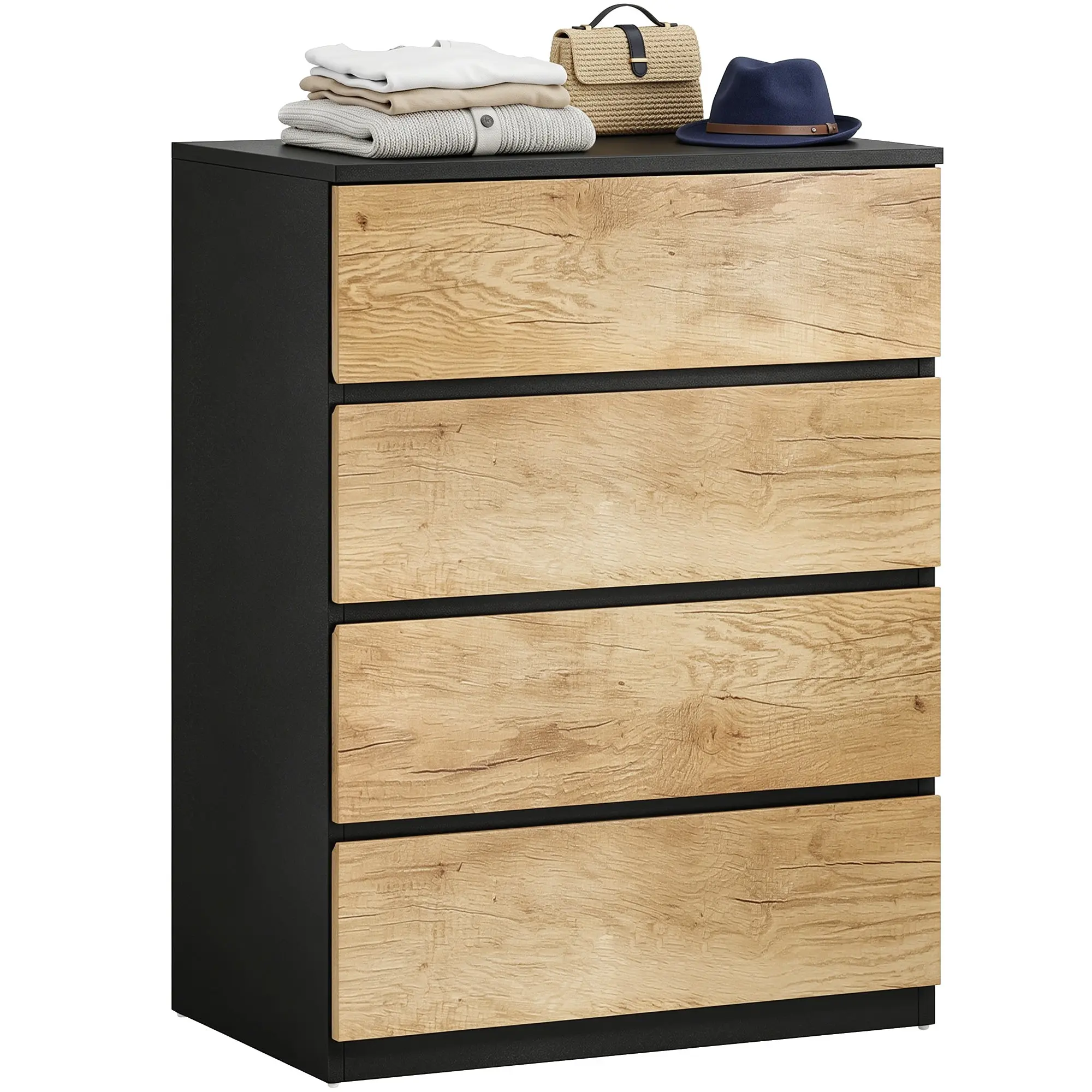 4-Drawer Dresser for Bedroom – Wood Chest for Living Room, Dining Room & Hallway, 60 x 39 x 80 cm (23.6 x 15.4 x 31.5 in), Black & Oak