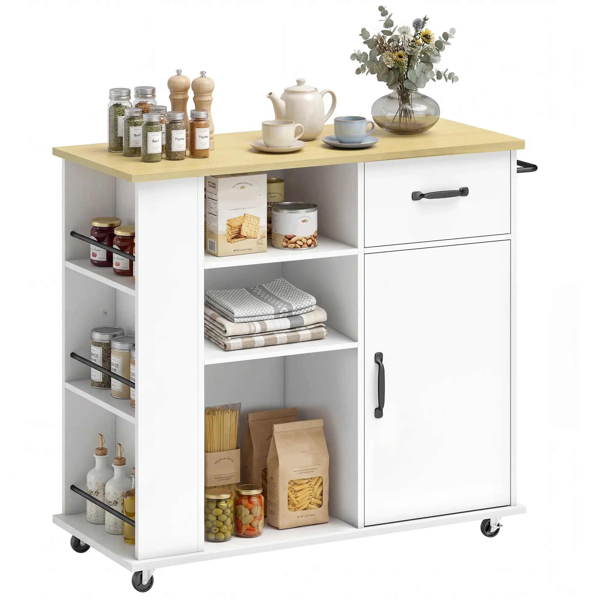 Kitchen Cart with 5 Wheels, Soft-Close Doors & Drawer, Towel Rack, 3 Spice Holders, 3 Open Shelves & Adjustable Shelf, Space-Saving, 38 x 15 x 34.3 in (96.5 x 38 x 87 cm), White