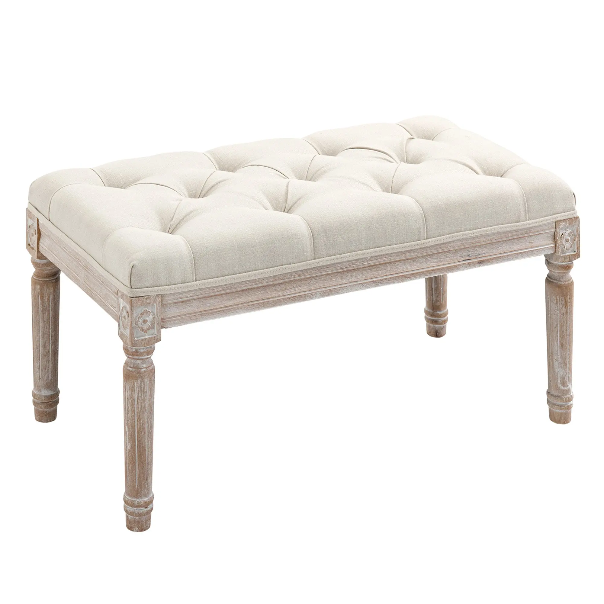 Footstool, Upholstered Bench with Linen Look, Footstool with Padded Seat, Wooden Legs, Ottoman Footrest made of Wood, for Living Room, Bedroom, Cream White