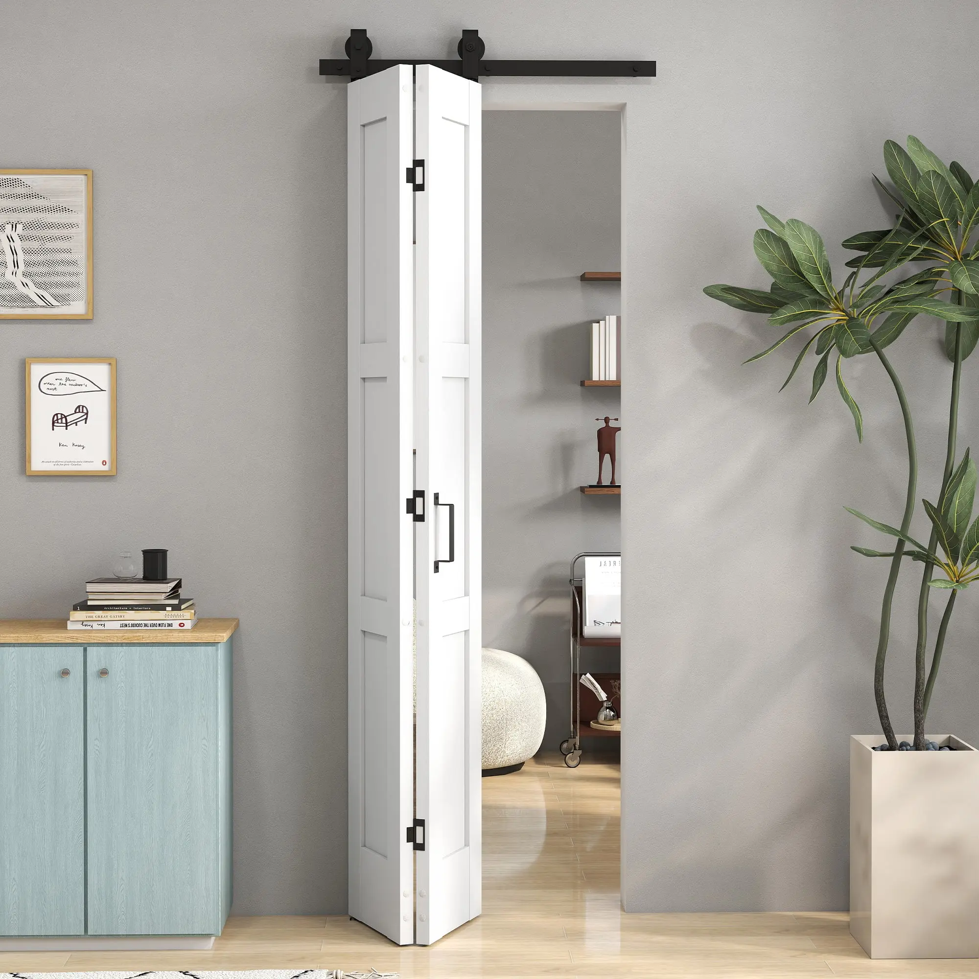 28 x 84 in Folding Interior Sliding Door — Quiet Steel Track, Handle & Floor Guide, Rustic MDF & Pine, Water-Resistant, for Kitchen & Bathroom