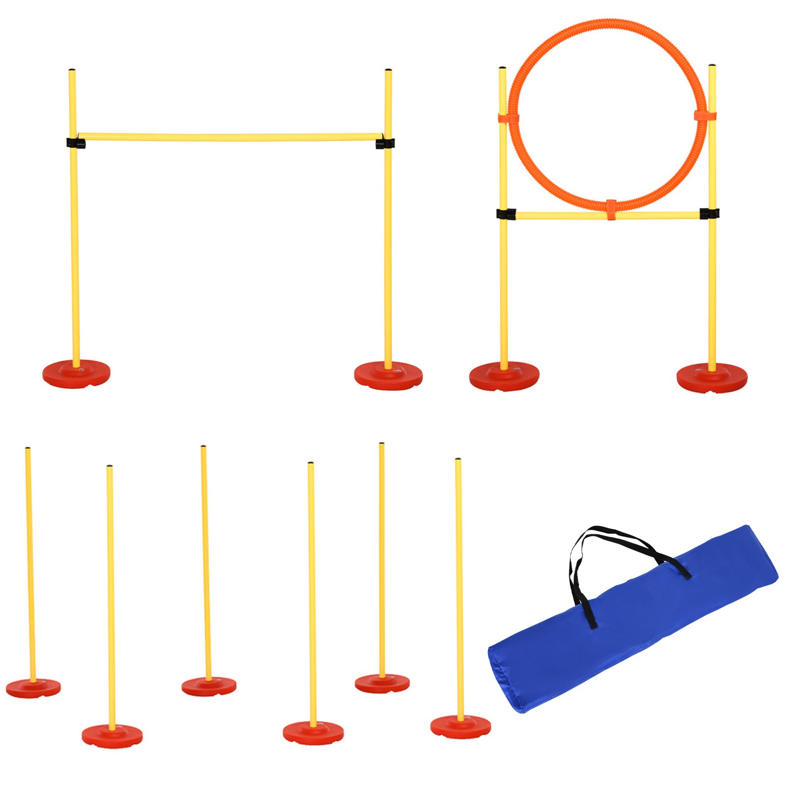 PawHut Agility Set för Hundar - 3-delat Agilityutrustning för Hundträning med Hinder, 6 Slalomstolpar, Justerbara Hinder, Hoppring och Bärväska