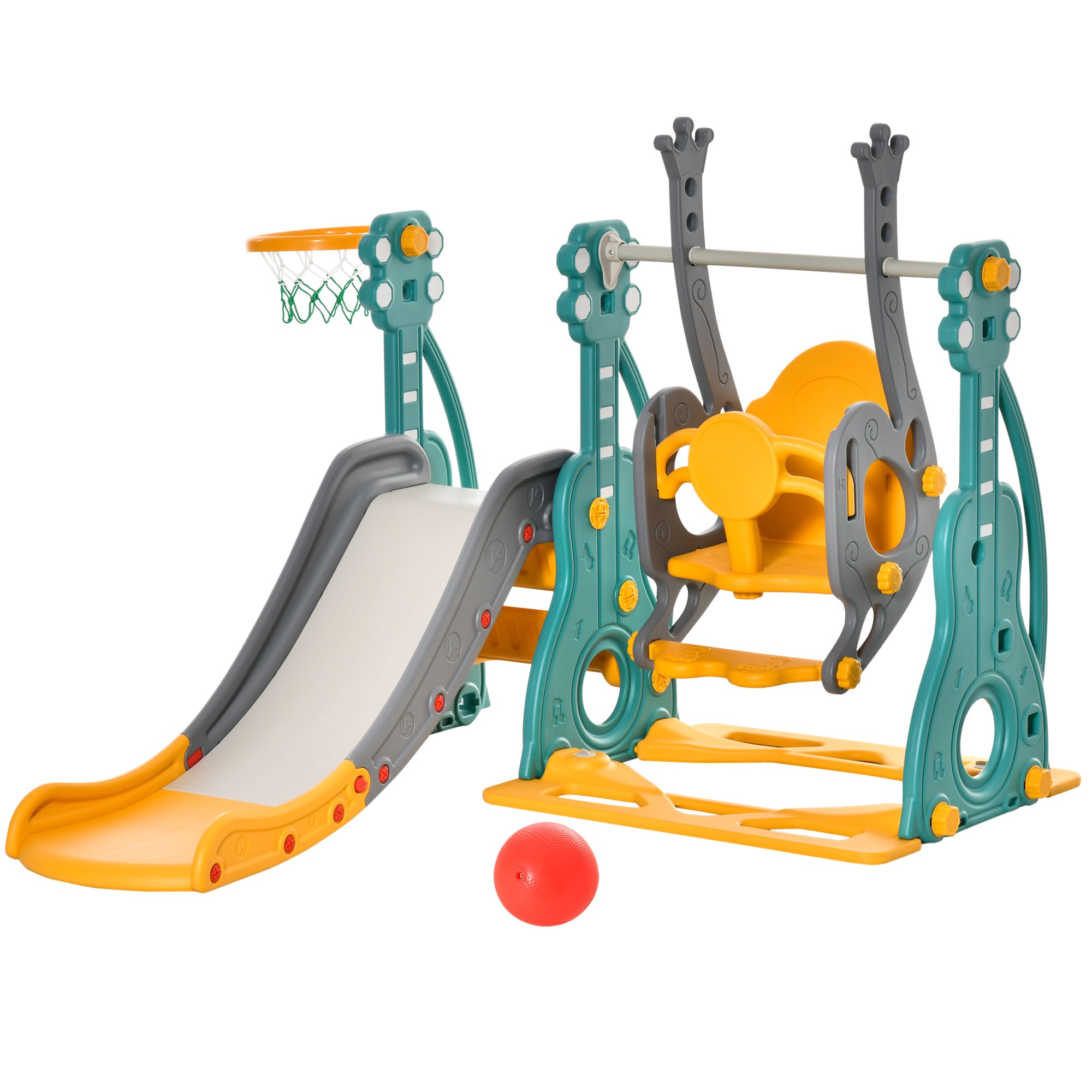 HOMCOM Kanner Rutsch, Schaukelt an Basketball Hoop 3 an 1 fir 18-36 Méint mat ajustéierbarem Sëtz - Indoor an Outdoor Spillplaz 152x149x107 cm Multicolor