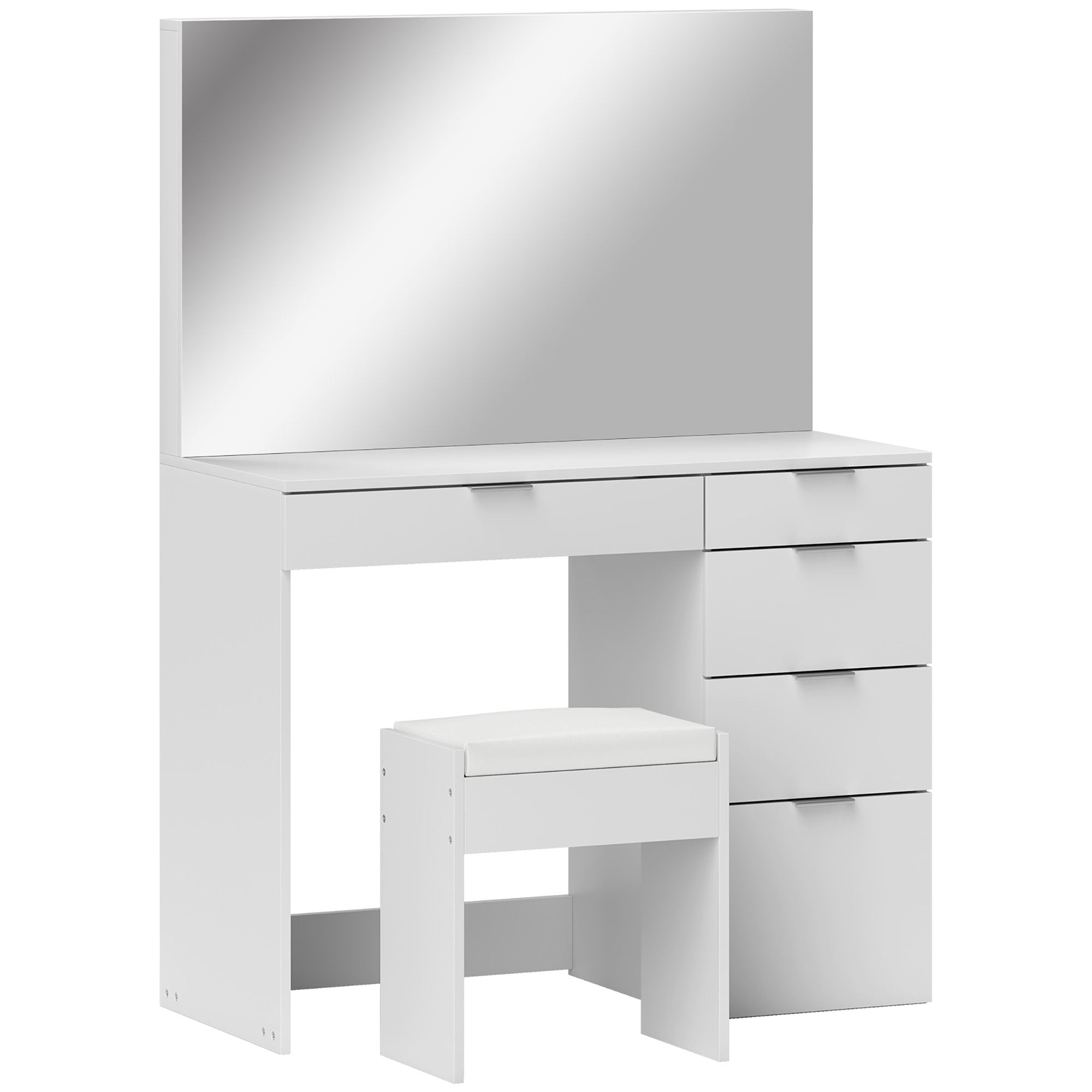 HOMCOM Schminktisch-Set mit Spiegel und 5 Schubladen 97,2x44,5x136,5 cm und gepolstertem Schminkhocker 40x24x46 cm, Weiß