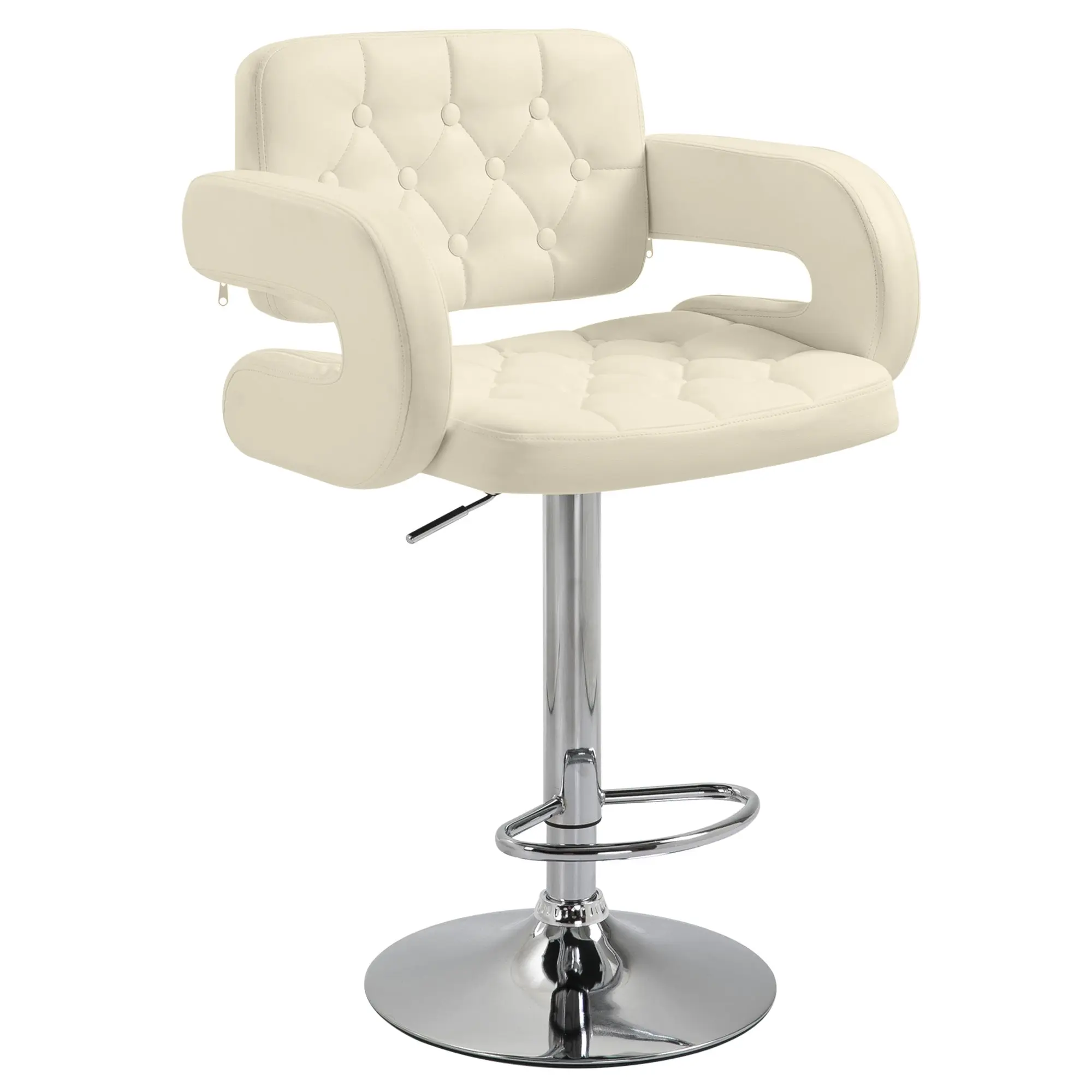 High Bar Stool with Backrest and Armrests, Modern Swivel Kitchen Stool with Adjustable Height and Footrest, in Faux Leather, 61x50x94-114cm, White