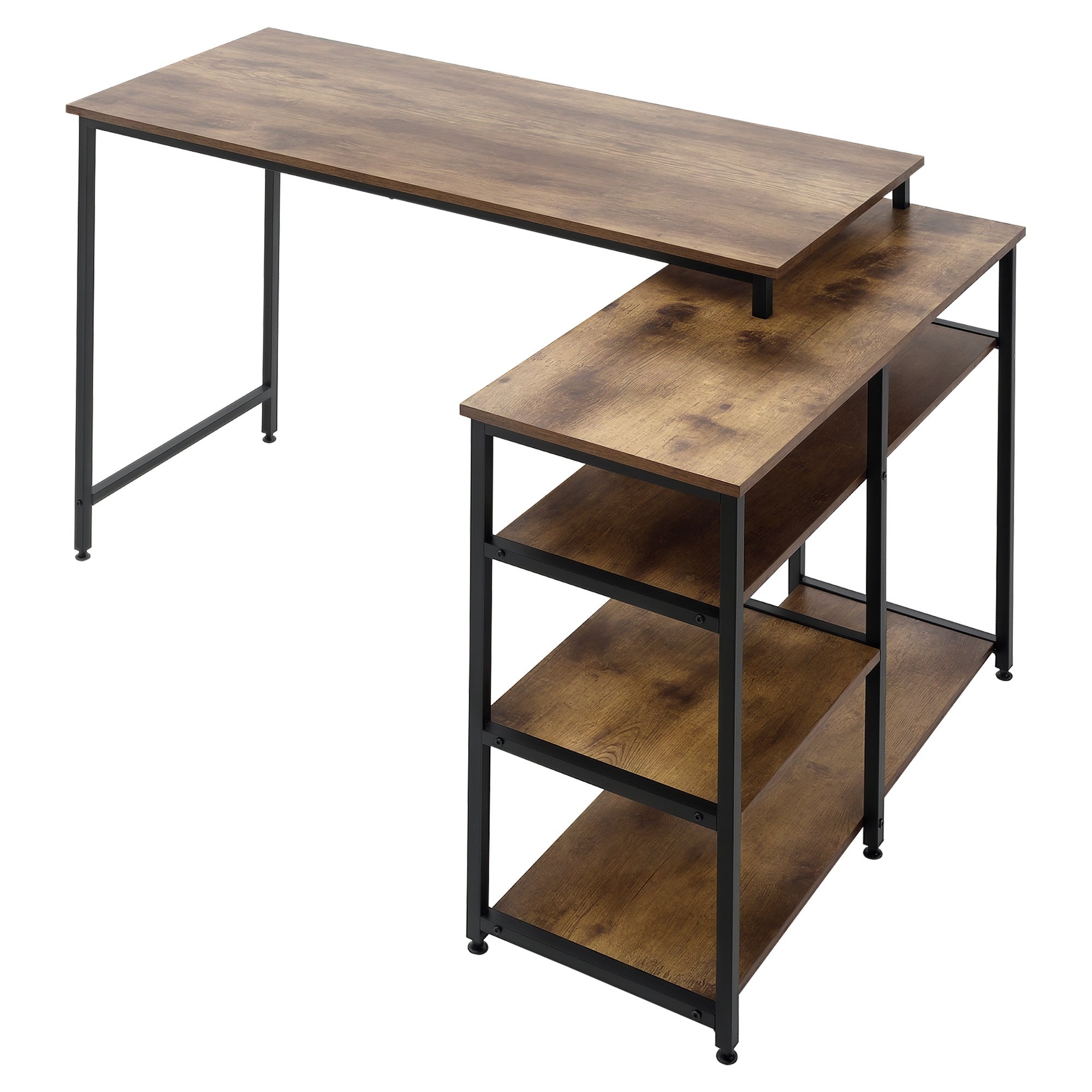 Bureau d'Angle HOMCOM Bureau en L Table Ordinateur Bureau de Bureau Étagère Tiroir L-Shape Panneau de Particules Métal Marron Rustique 135 x 90 x 79 cm