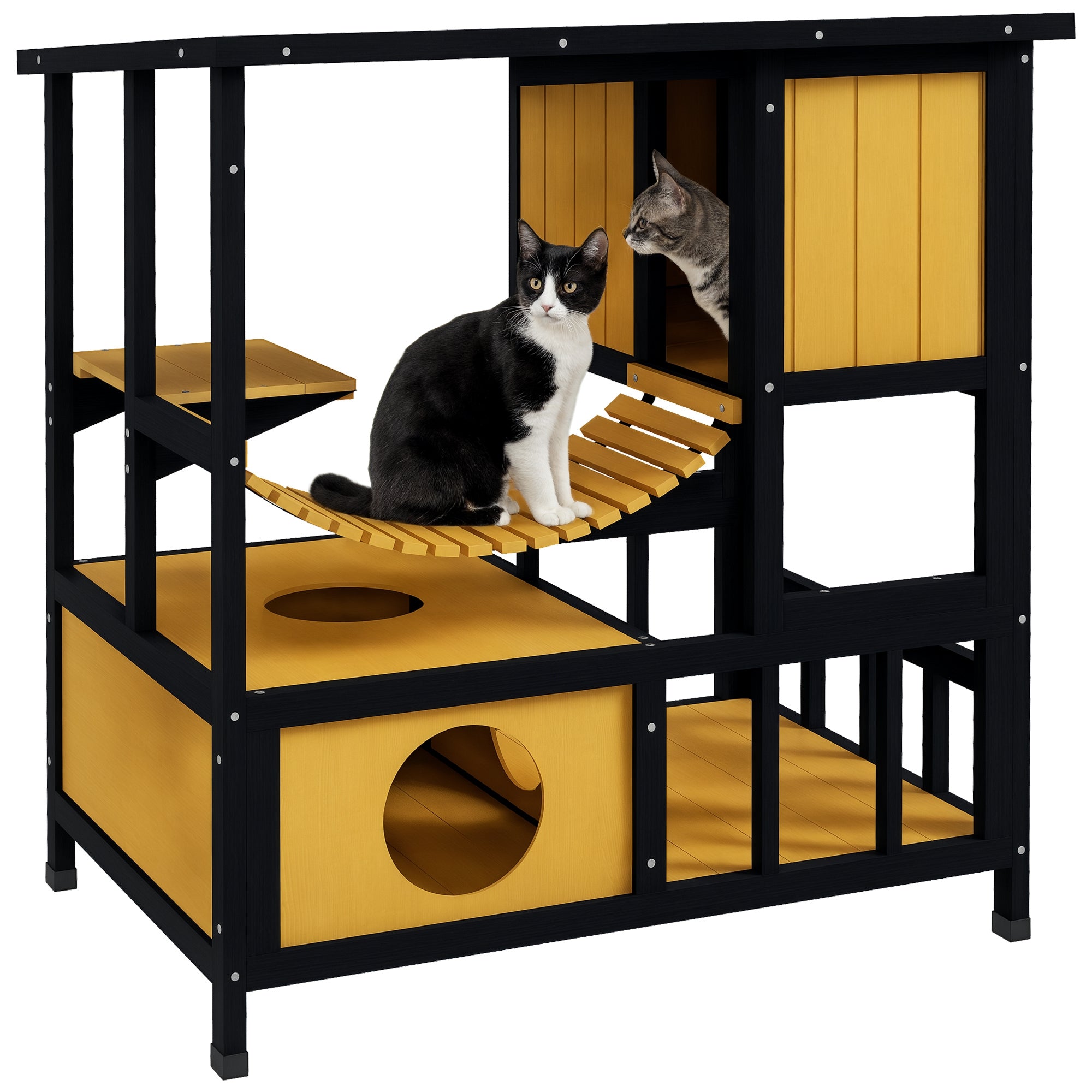 Wooden Cat House Outdoor Cat Cave Cat Villa, Wooden Hut for Cats Cat Hut with Suspension Bridge, Balcony, Platform, Water-Resistant Roof, for 1-2 Cats up to 5 kg, Yellow