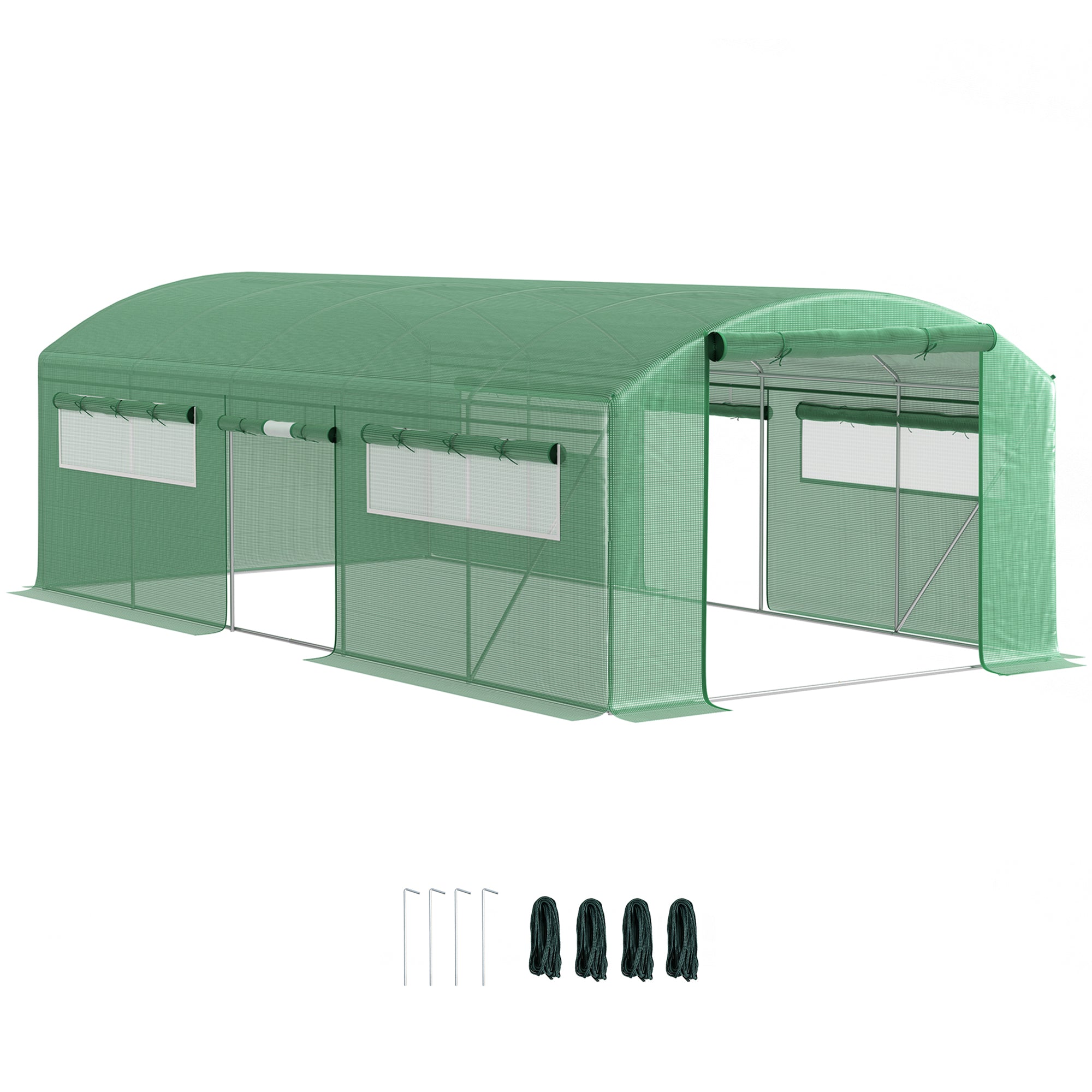 Тунелен парник Outsunny 6x3x2 м с 6 мрежести прозорци, анти-UV PE покритие и 3 ципови врати – Зелен градински парник