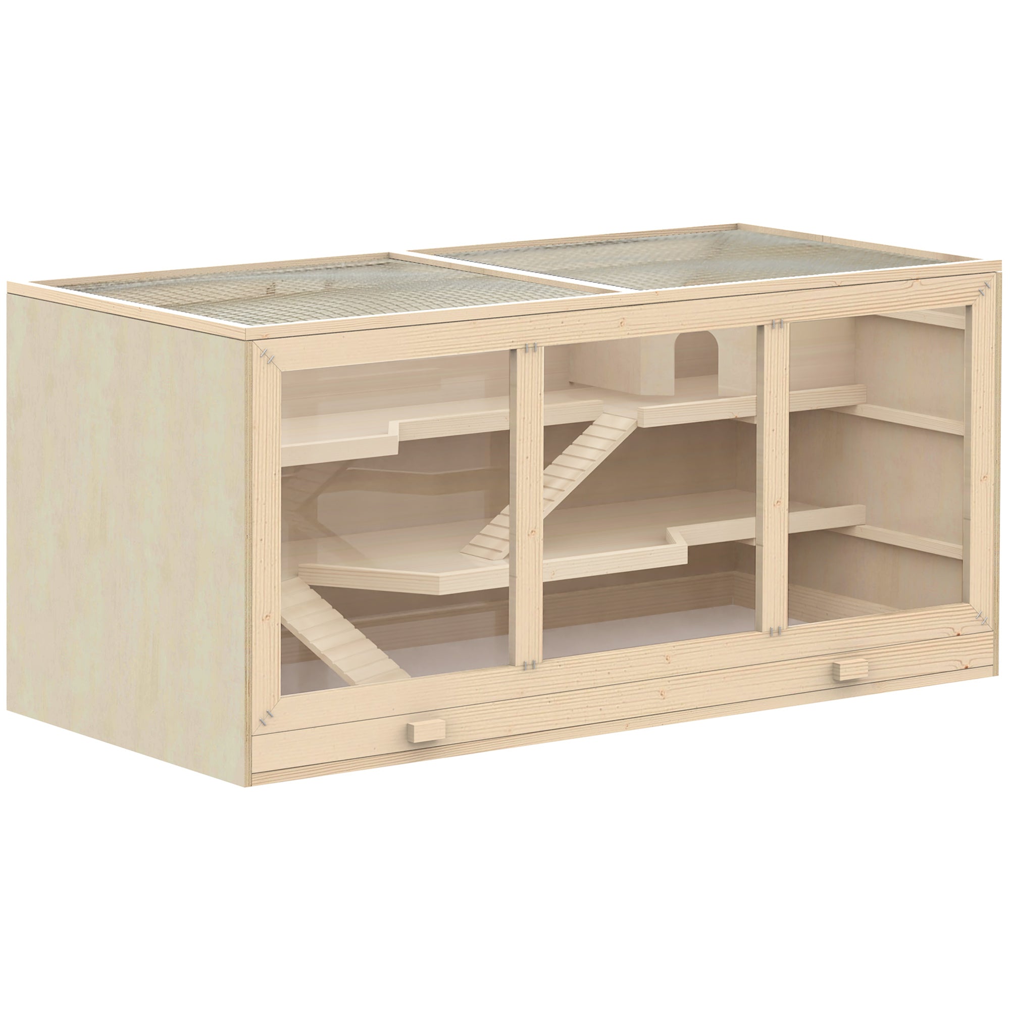 PawHut Puinen Hamsterihäkki 3 Tasoista Pientä Eläinhäkkiä Irrotettavalla Alustalla, Pieni Lemmikkihäkki Käännettävällä Kannella ja Liukumäellä, Hamsterin Häkki 115 x 57 x 55 cm Luonnonpuusta