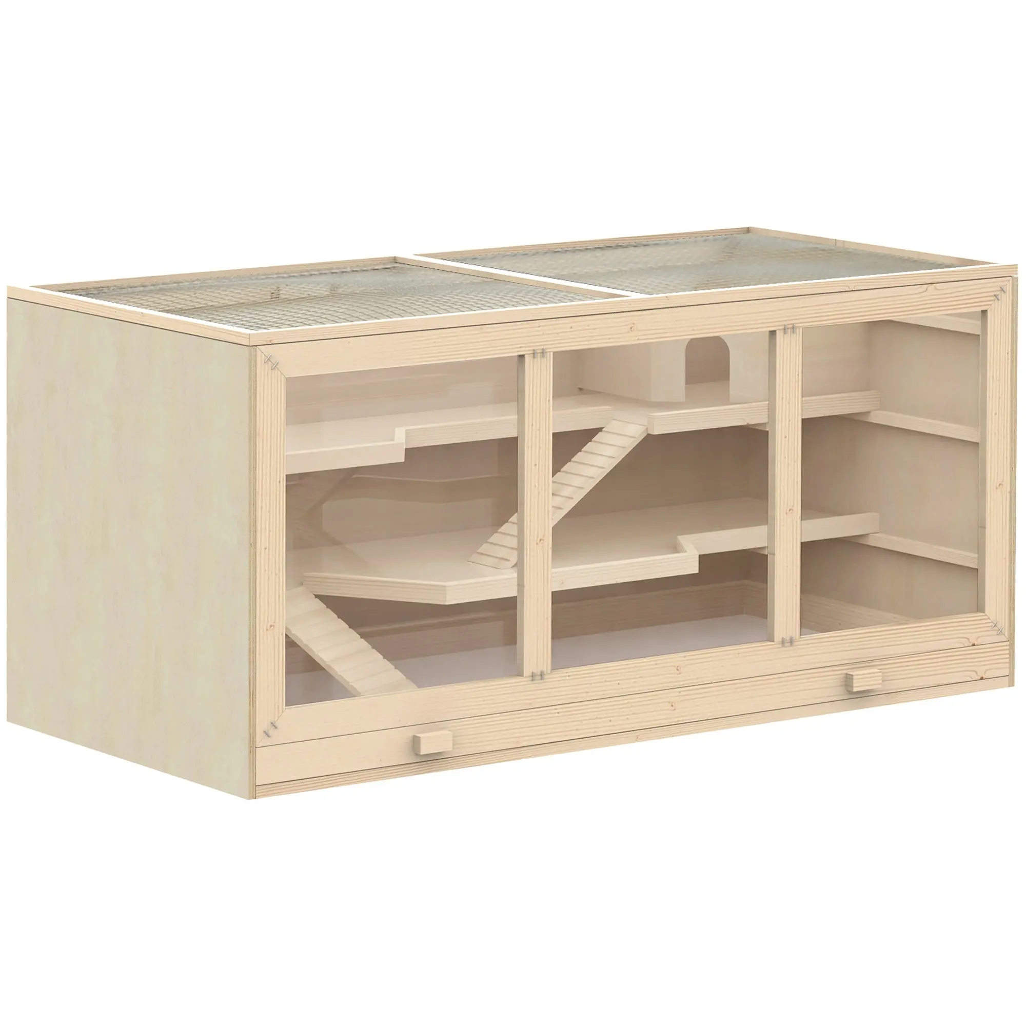 PawHut Large Wooden Hamster Cage 3 Tier Small Animal Enclosure with Opening Mesh Lid Removable Tray Platforms and Ramp 115 x 57 x 55 cm  Natural Wood