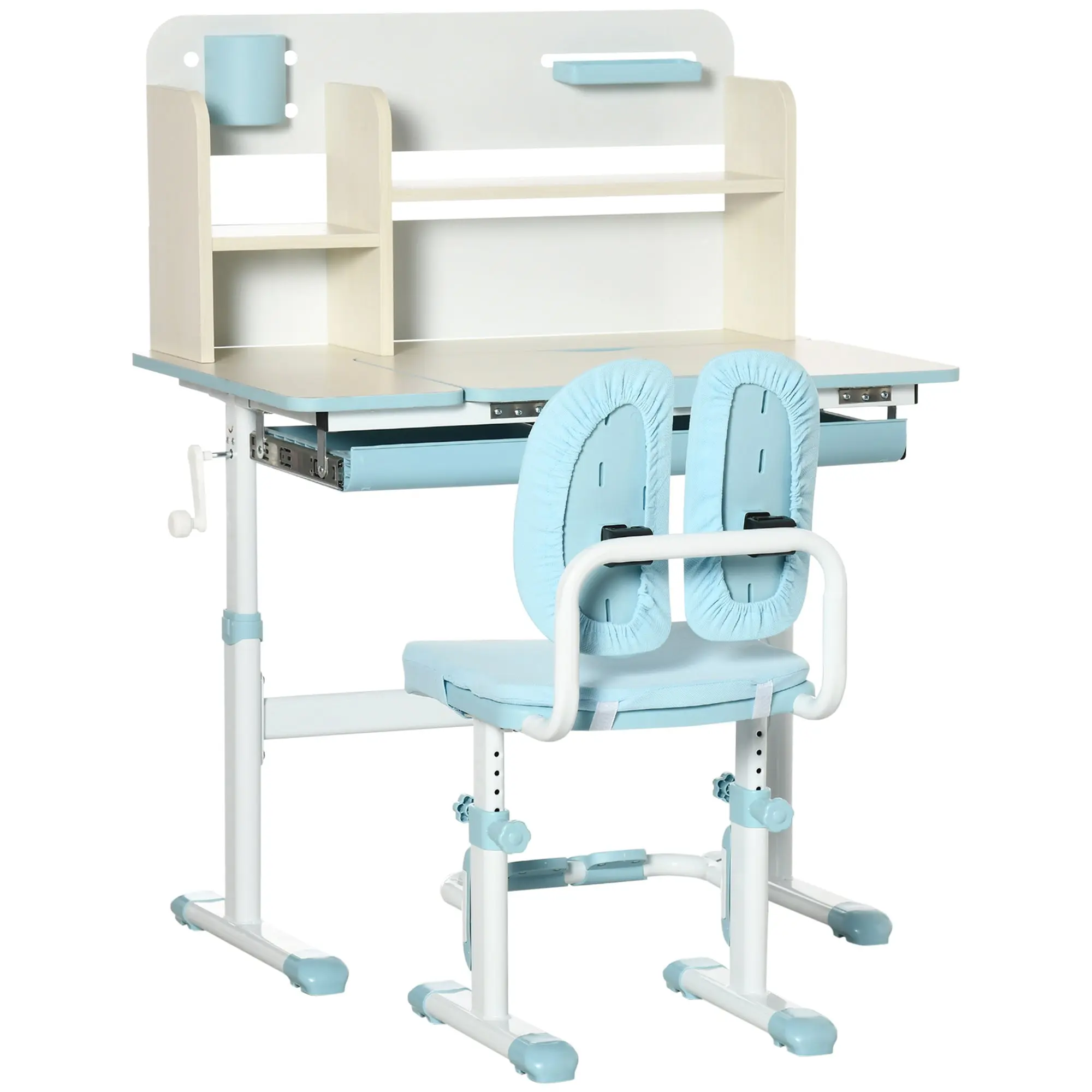 Kids School Desk with Chair for 3-12 Years Adjustable Height, Kids Desk with Tiltable Top and Padded Cushions, Steel and MDF, Blue