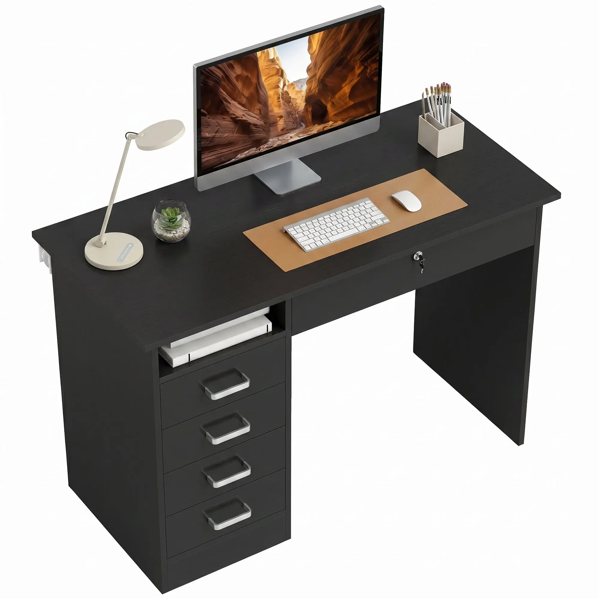 Computer Desk with Large Worktop, 5 Drawers & Lockable Drawer, Modern Black (110 x 50 x 76 cm / 43.3" x 19.7" x 29.9")