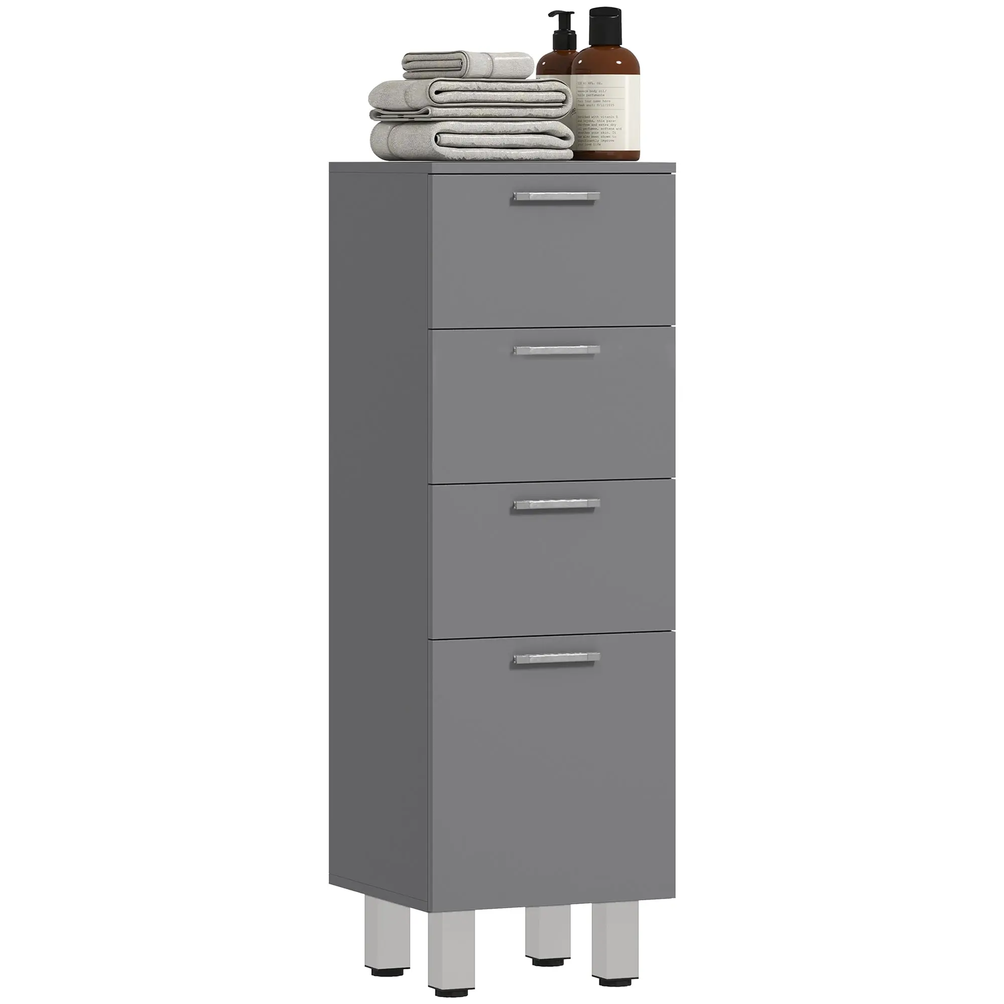 Bathroom Cabinet with 4 Drawers, Slim Narrow Bathroom Storage Cabinet with Deep Drawer, High Gloss Finish & Adjustable Feet, 30 x 30 x 93 cm, Grey