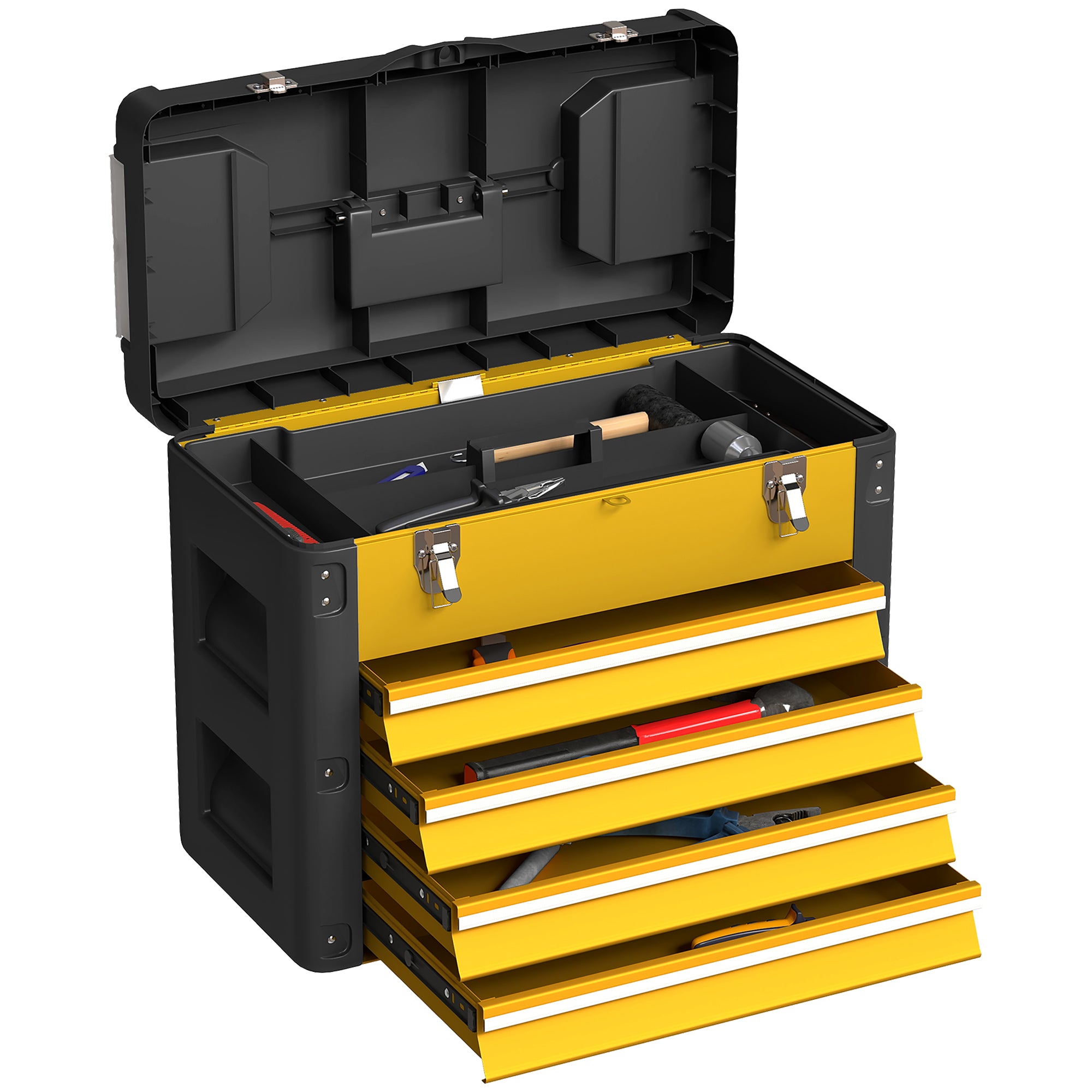HOMCOM 4-Schublade Werkzeechkëscht — pulverbeschichtete Stol-Toolbox mat ofhuelbarer Tray, Klengdeel-Boxen, Kugellagerschinnen & Transportgrëff (Giel)