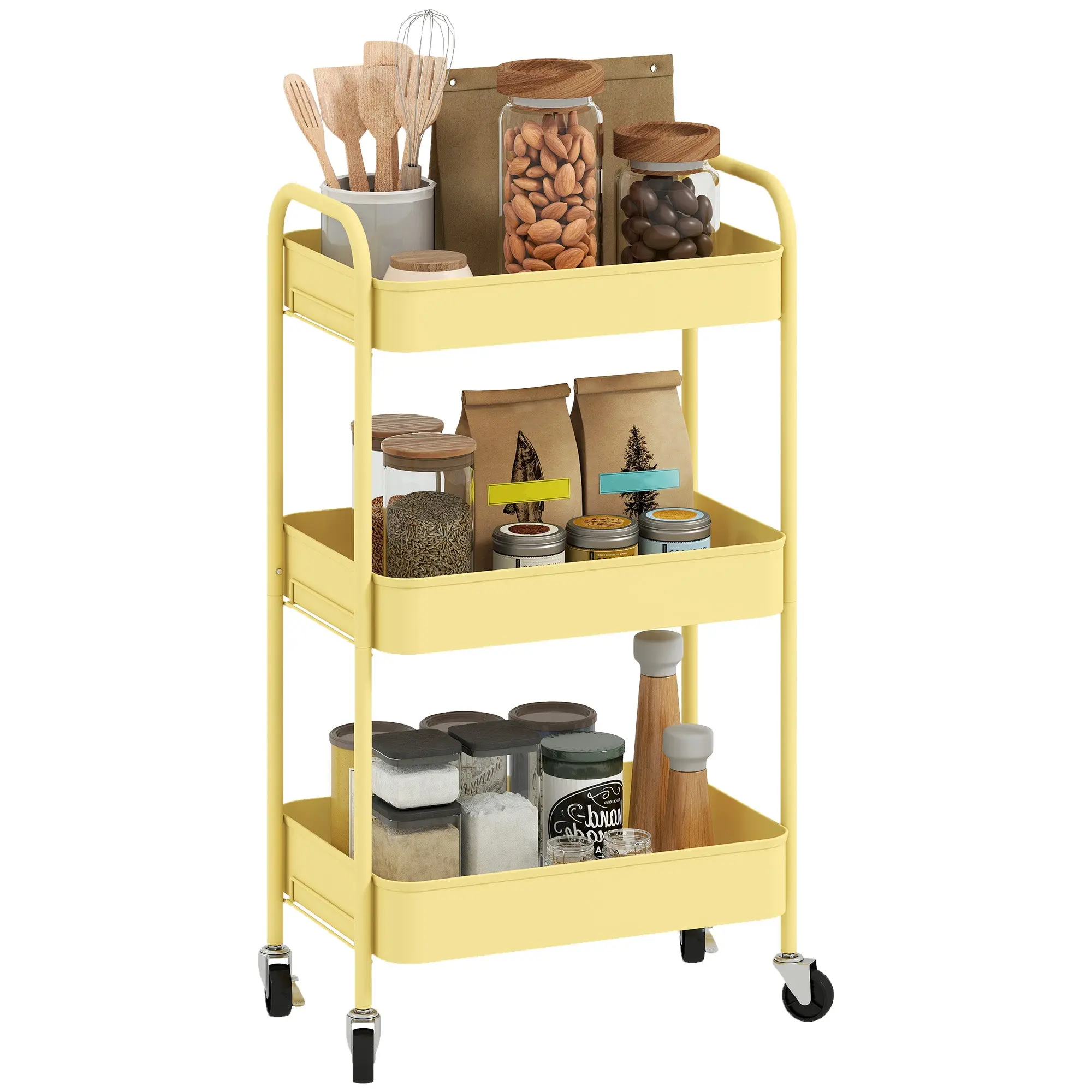3-Tier Rolling Utility Cart with 3 Baskets and 2 Handles, Compact Kitchen & Home Storage, 17.7 x 12.0 x 31.1 in (45 x 30.6 x 79 cm), Yellow