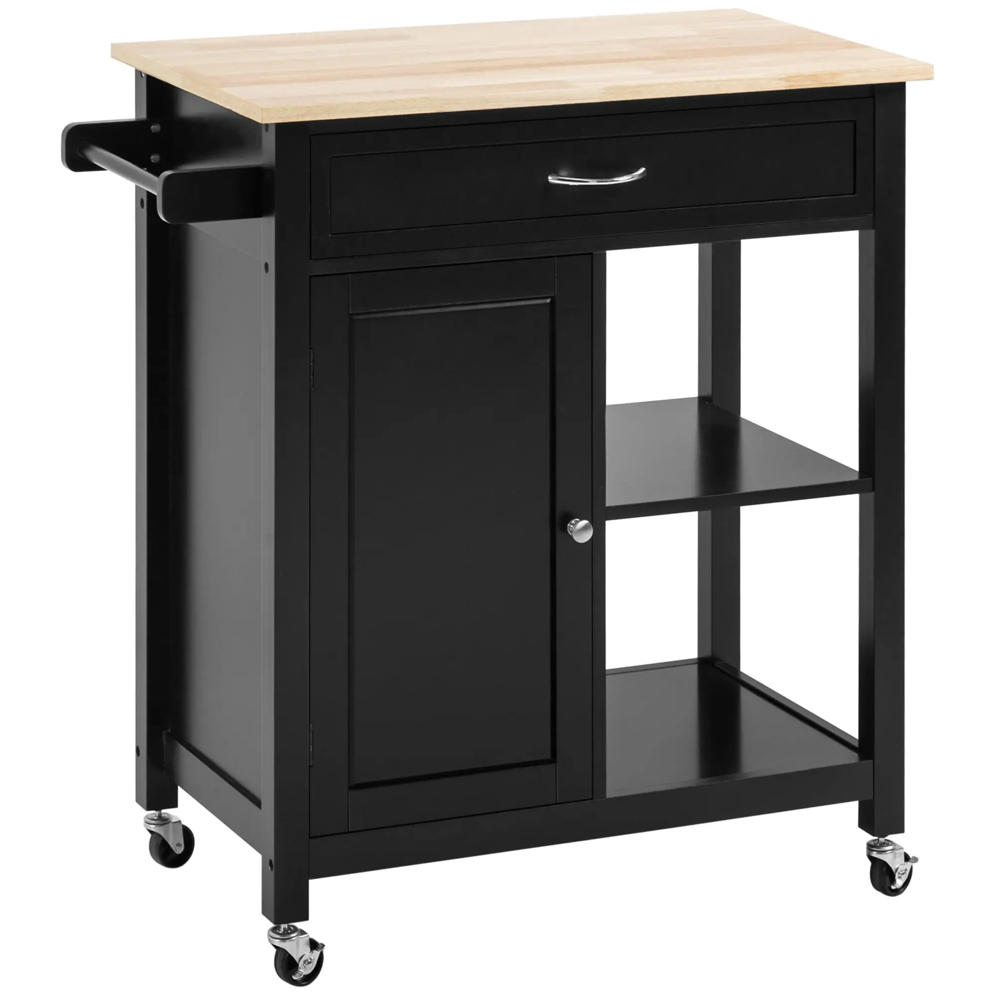 Kitchen Cart in Wood with Drawer, Cabinet, and Shelves, Serving Trolley with Wheels, 83x45x88cm, Black