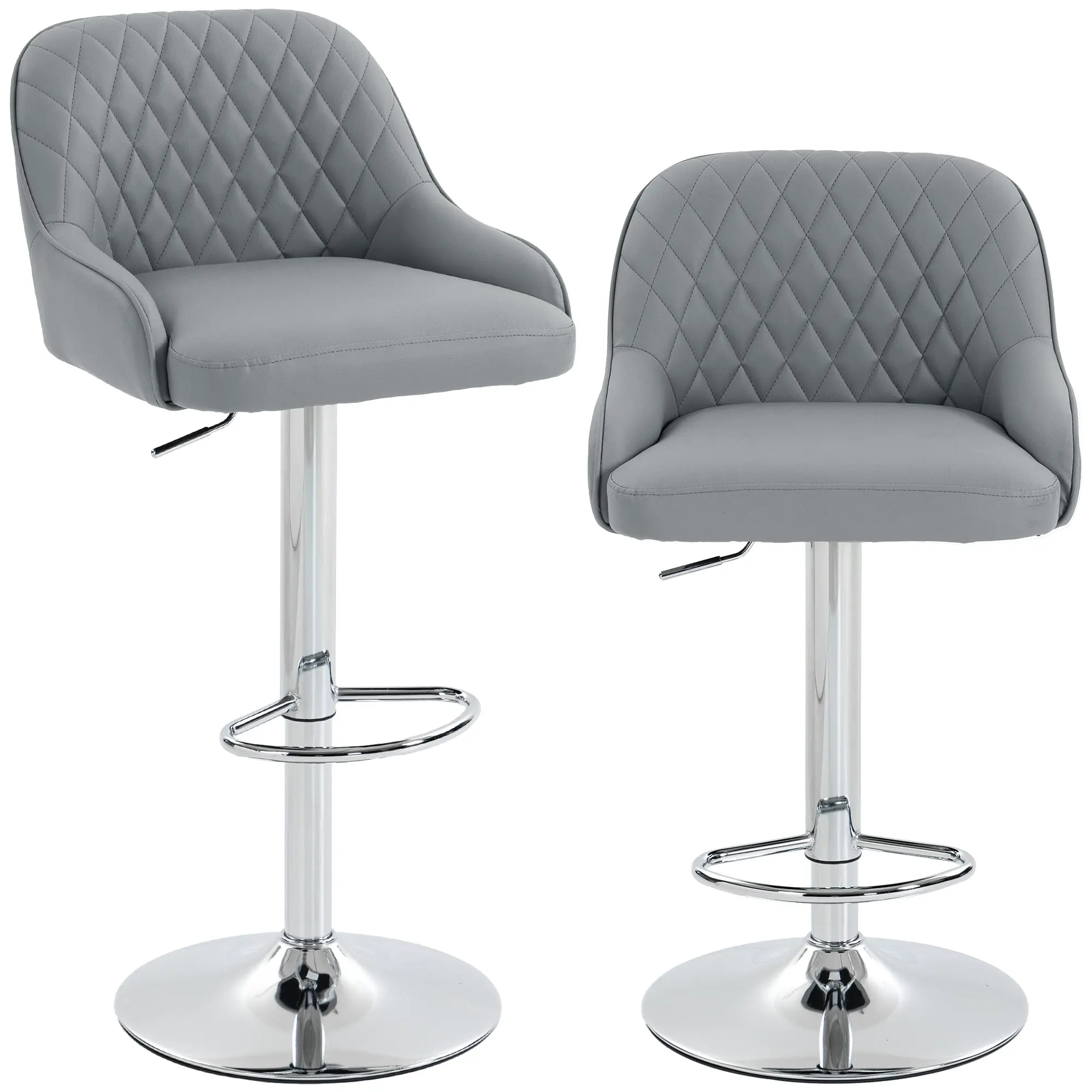 Set of 2 Adjustable PU Swivel Bar Stools – 360° Swivel, Padded Seat & Back, Metal Base with Footrest, Counter/Bar Height, Light Grey