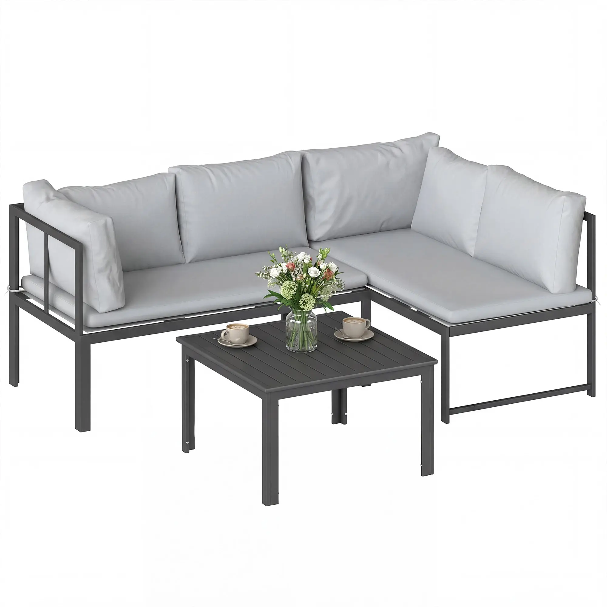 3-Piece Outdoor Lounge Set — Two 2-Seater Sofas with Adjustable Armrests, Slatted Coffee Table, Cushions, Metal Frame, L-Shaped Patio Sofa, Gray