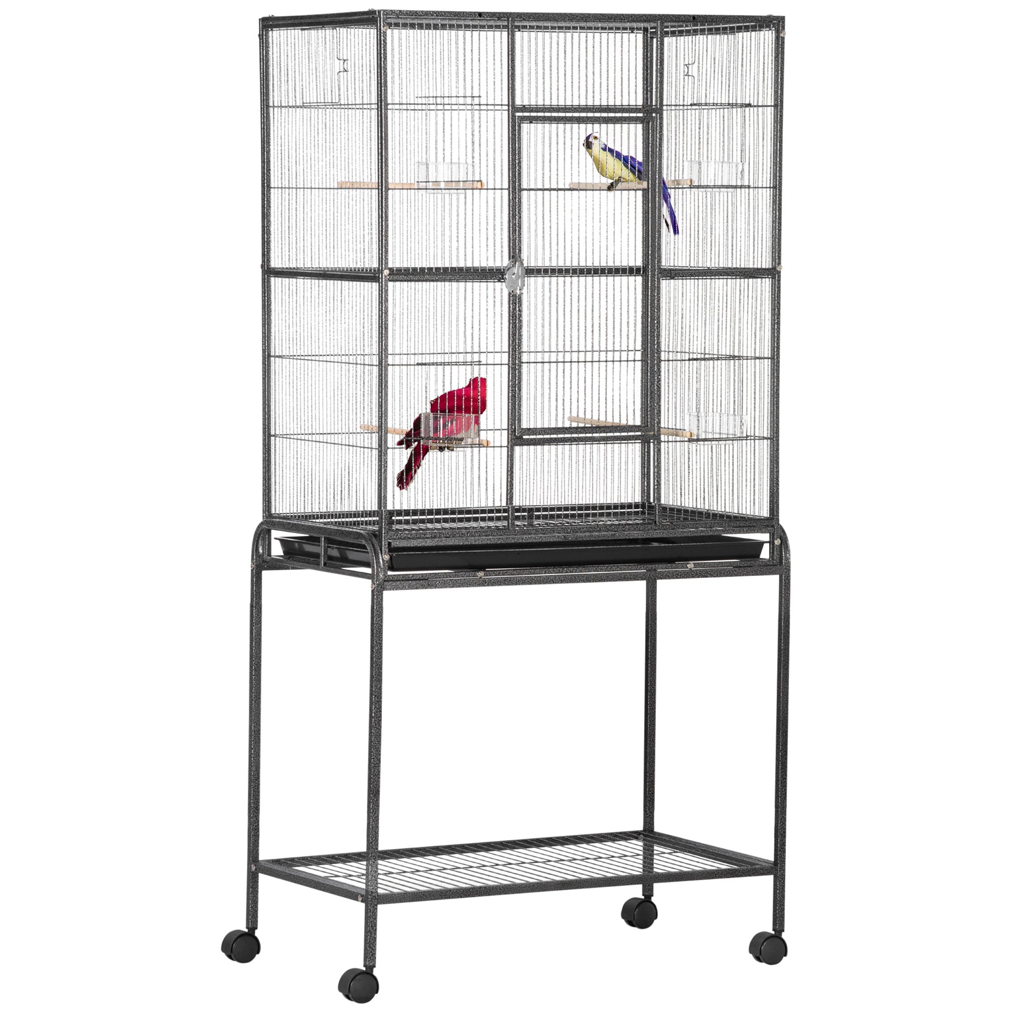 PawHut Klec pro ptáky na kolečkách 81x48x162,5 cm - Kovová klec s podnosem, 4 hnízdící místa, 4 krmítka a skladovací police pro andulky a kanáry - Černá a šedá