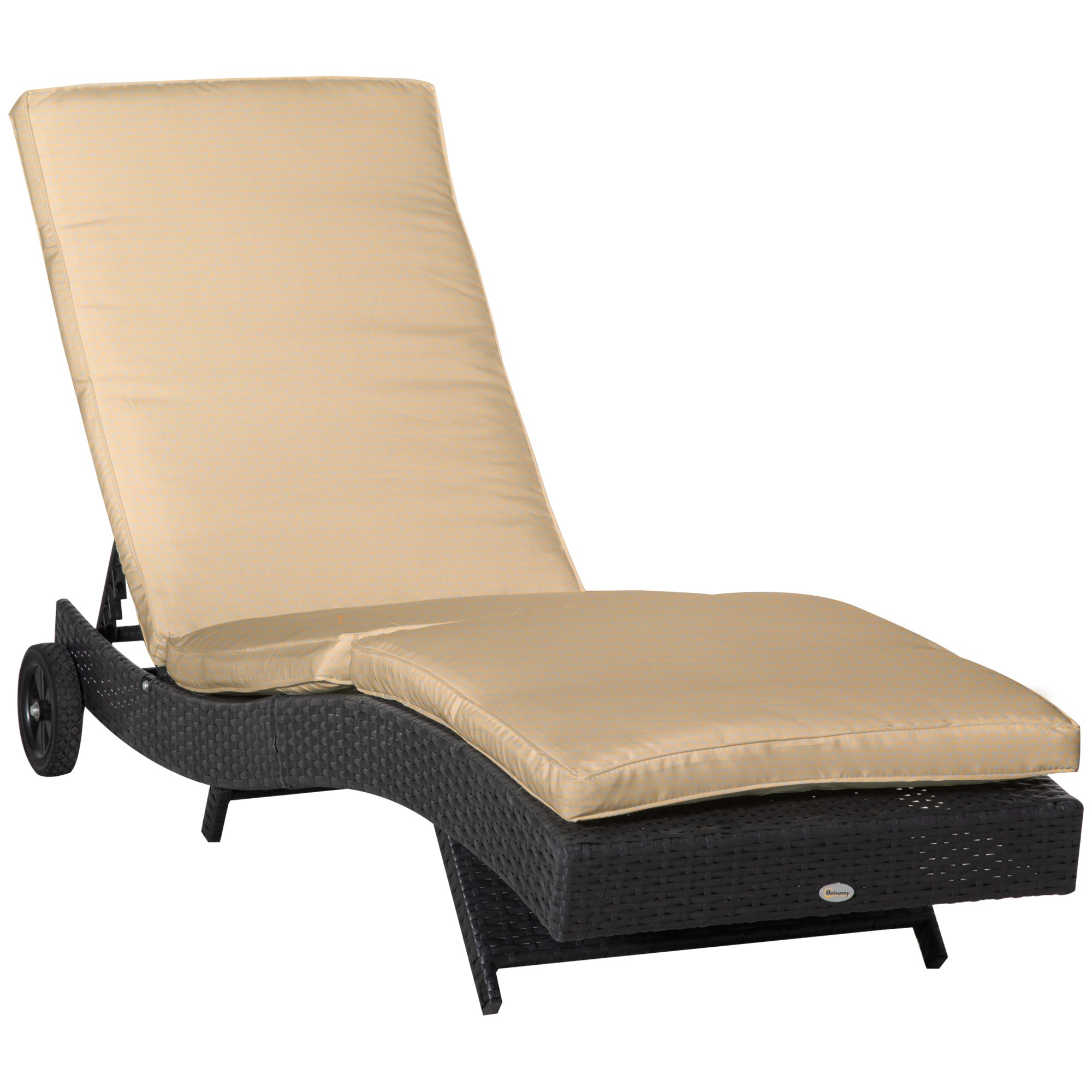 Outsunny S formos reclineris, pintas sodo gultas su 2 ratukais, reguliuojama atlošo padėtis 5 pozicijose ir nuimama pagalvėlė terasai 207x70x70 cm juoda ir bežinė