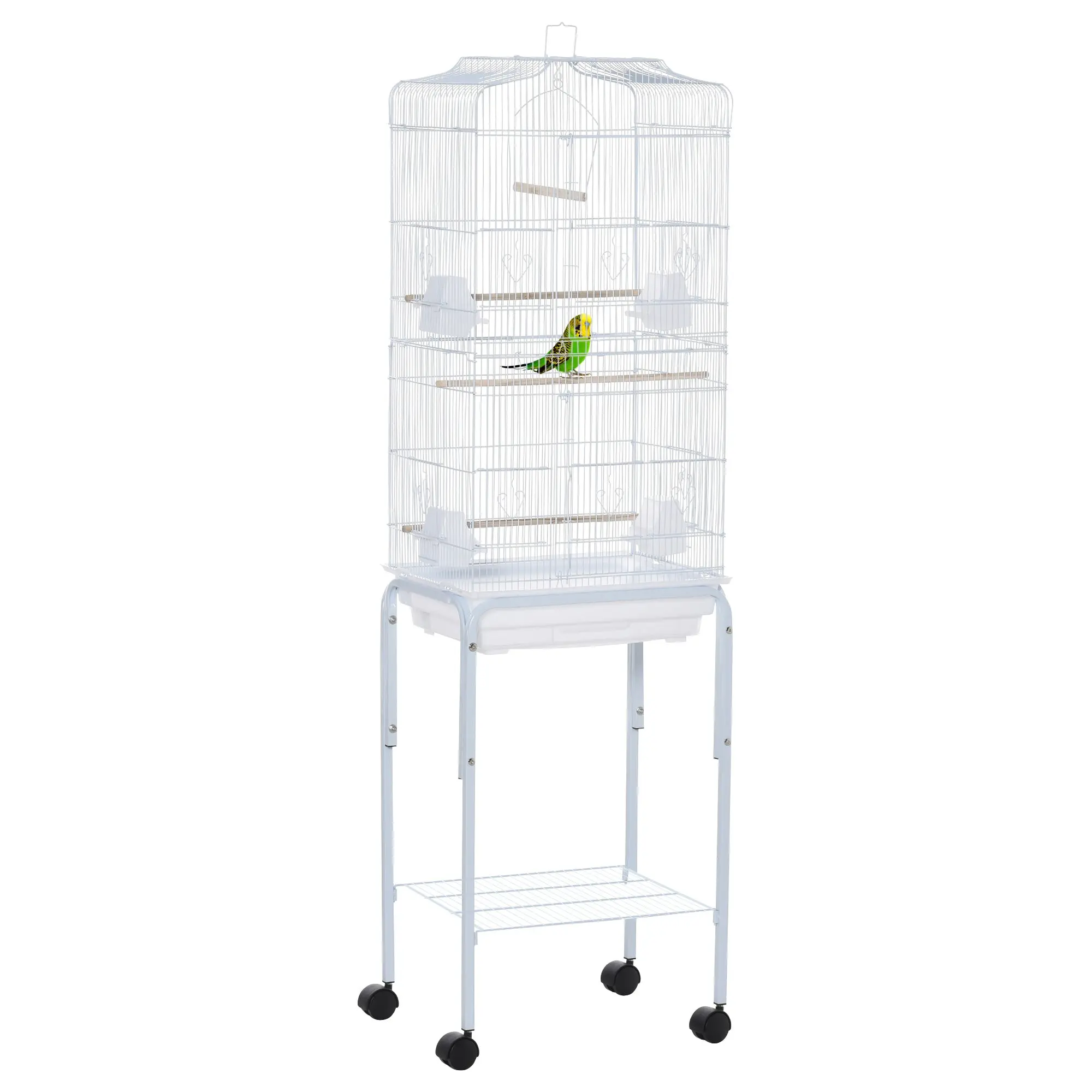 Bird Cage with Wheels 46.5x36x157 cm Metal Bird Cage with 4 Feeders, 3 Perches, Removable Tray, and Storage Shelf for Canaries Parakeets White