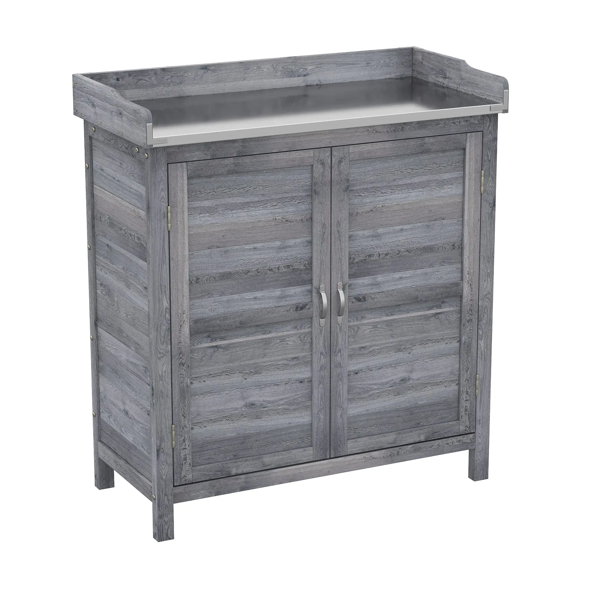 Potting Bench with Storage Cabinet — Fir/Spruce Wood Outdoor Garden Cabinet with Galvanized Worktop, 2 Shelves, Weather-Resistant, Gray (32.7" x 15.7" x 36.2")