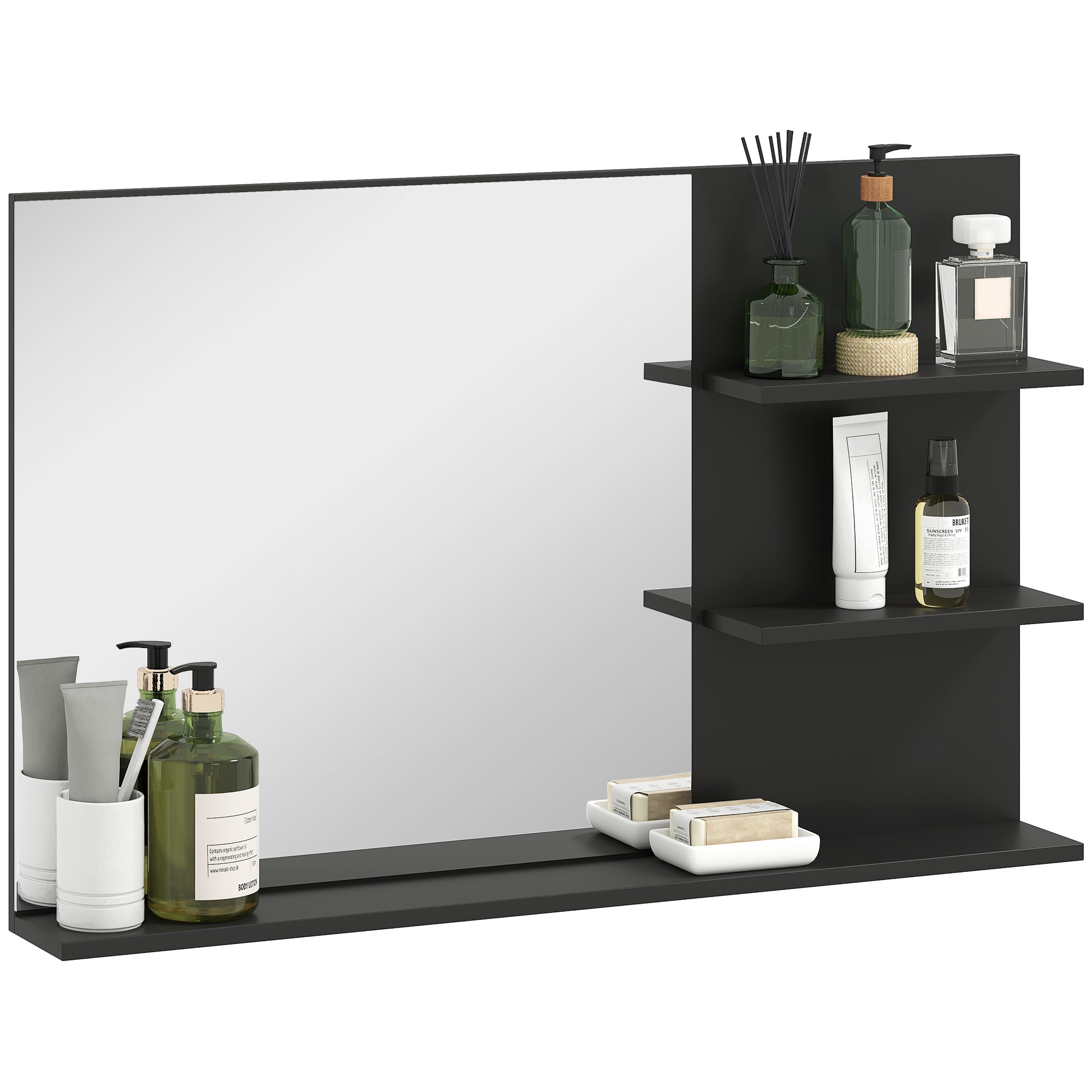kleankin Moderner Badezimmerspiegel mit 2 Seitlichen Regalen und Unterregal, Wandspiegel aus MDF und Glas, 75x10x48 cm, Schwarz