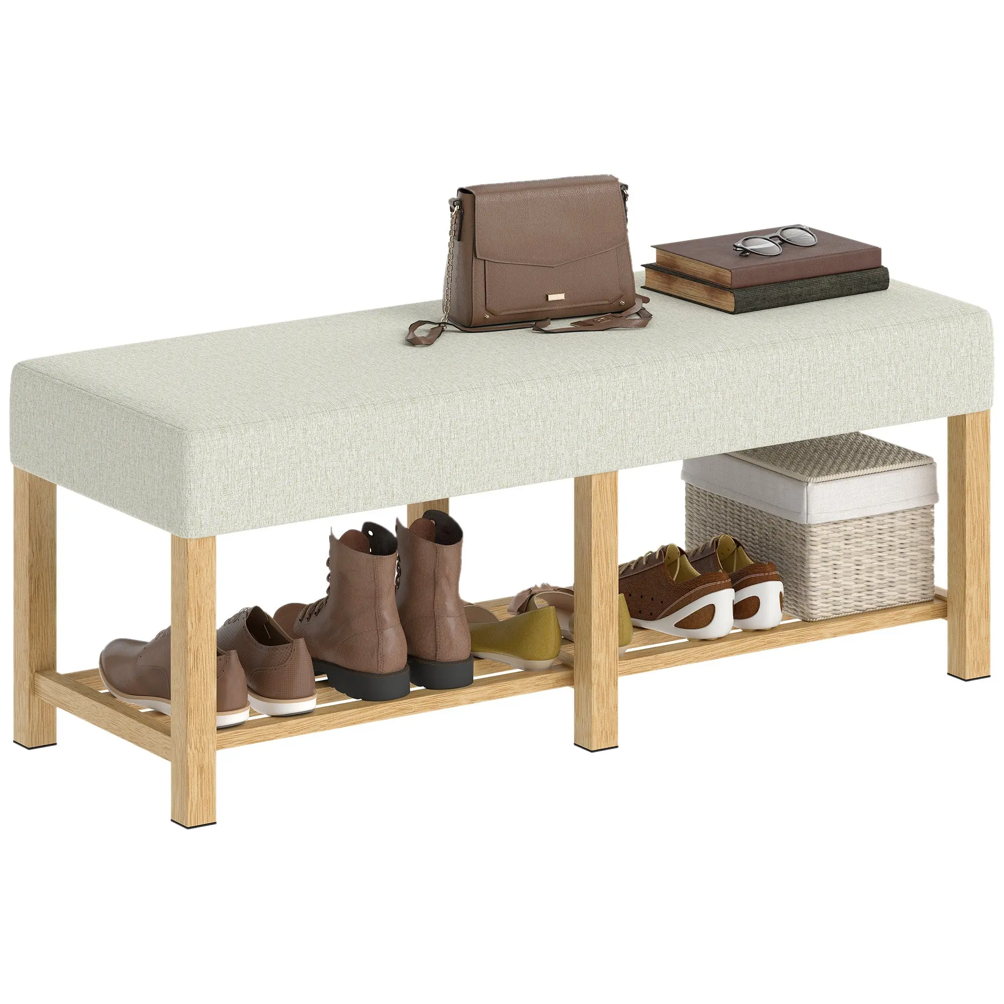 Shoe Bench with Padded Seat — Entryway Storage Bench with Open Shelf, Solid Rubberwood Frame, 120 x 44 x 48 cm (47.2 x 17.3 x 18.9 in), Natural Wood