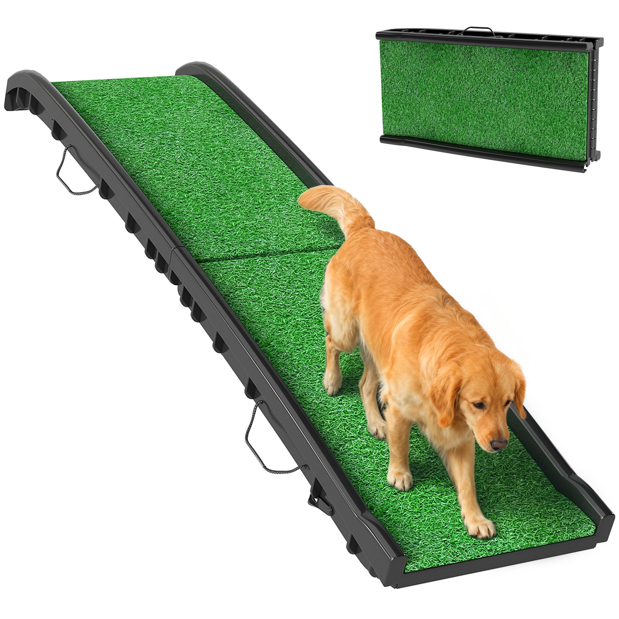 Rampe pour chien PawHut 155 cm avec gazon synthétique — Rampe pliable pour voiture avec poignée, angle réglable, antidérapante, pour toutes races, lit & canapé (Vert)