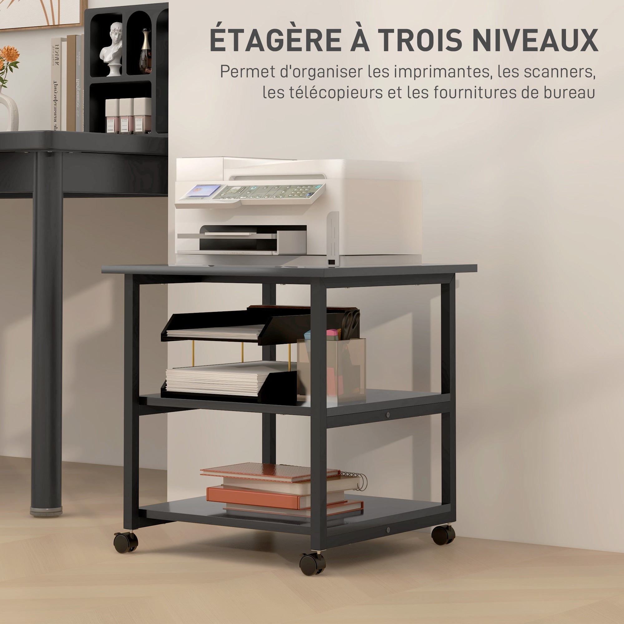 HOMCOM Printerstand Lagringsvogn 3 Niveauer Mobile Hylder på Hjul 50 x 50 x 52,5 cm Sort